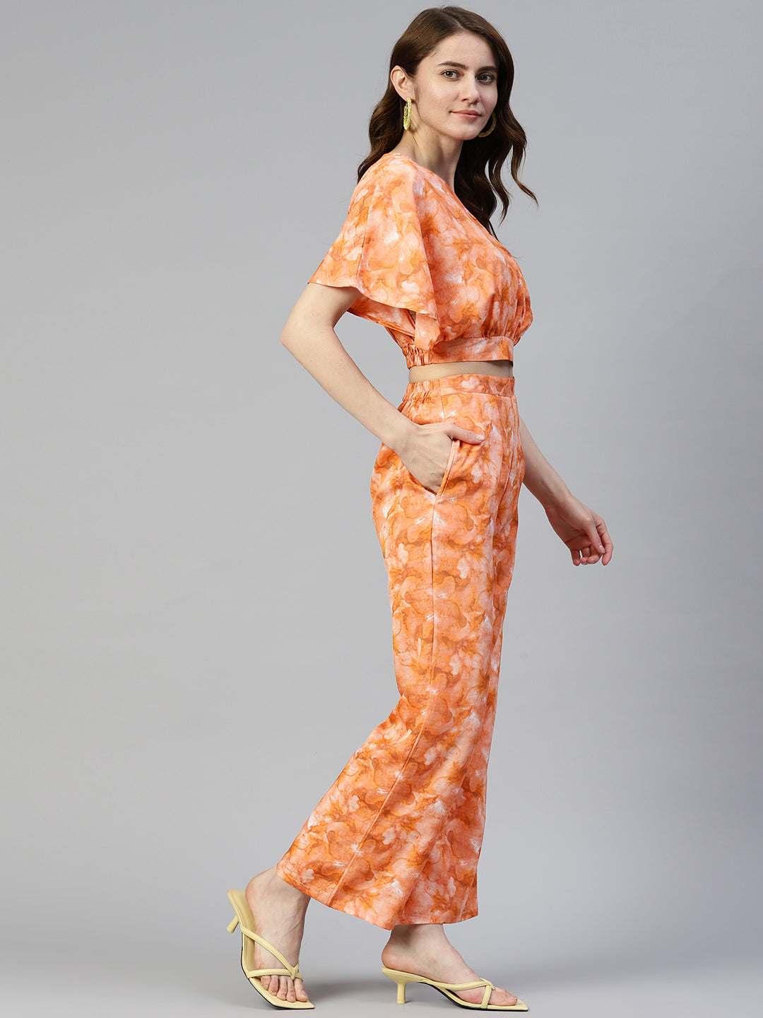 Jainish Women's Orange Printed Crop Top With Palazzos - Swadesiicart