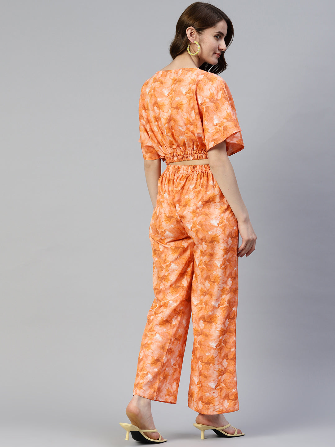 Jainish Women's Orange Printed Crop Top With Palazzos - Swadesiicart