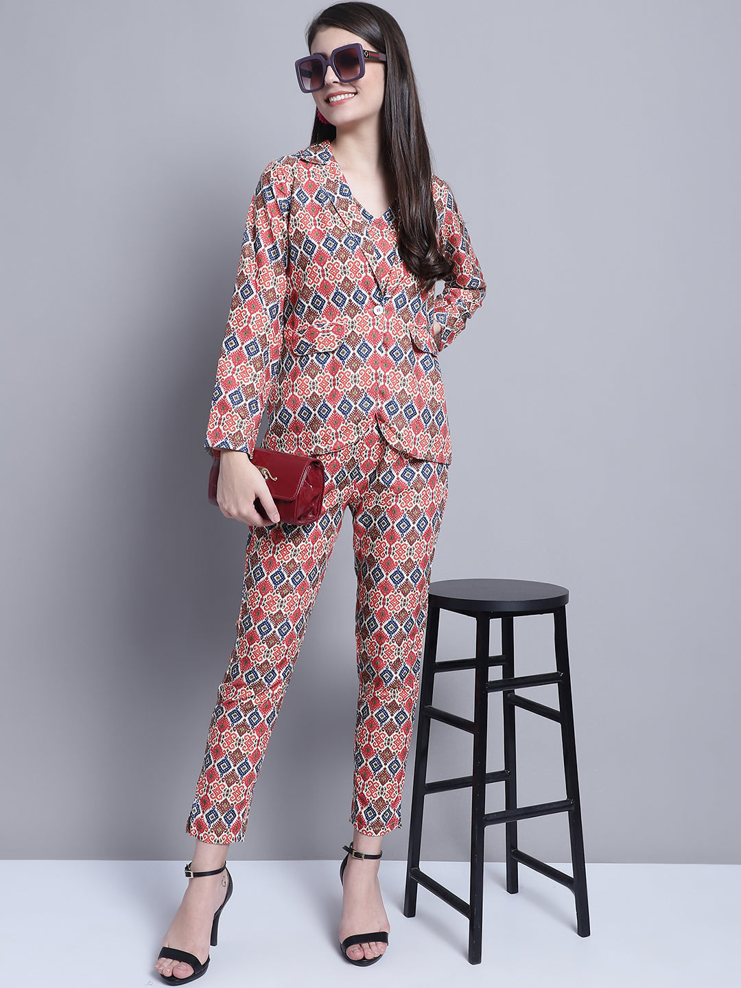 Jainish Women's WoDigital Printed Crop Top and Jacket Set - Red - Swadesiicart