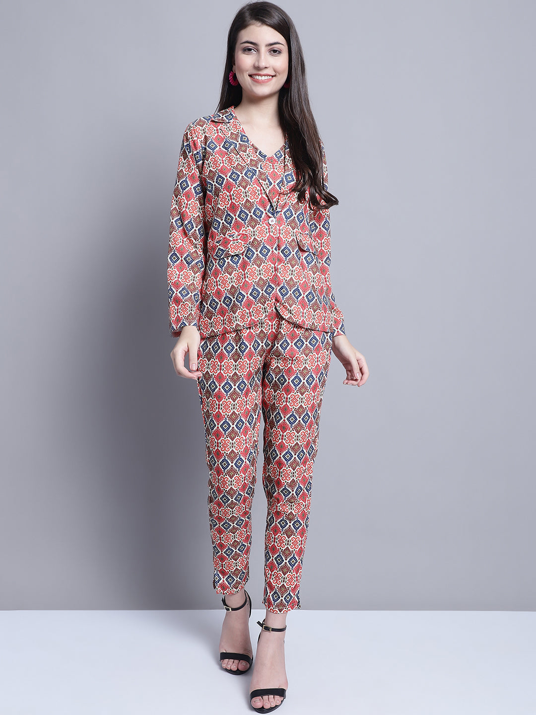 Jainish Women's WoDigital Printed Crop Top and Jacket Set - Red - Swadesiicart