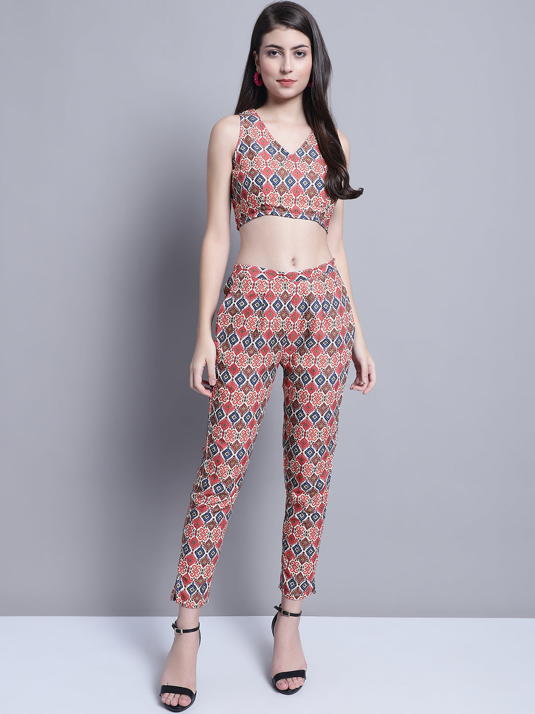 Jainish Women's WoDigital Printed Crop Top and Jacket Set - Red - Swadesiicart