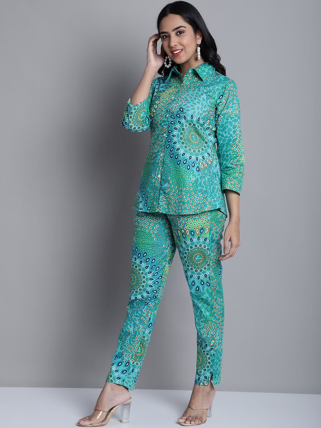 Jainish Women's WoGreen Printed Shirt and Trouser Co-ords Set - Swadesiicart