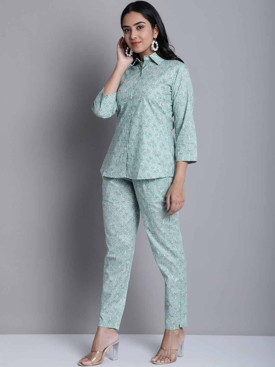 Jainish Women's WoLime Green Printed Shirt and Trouser Co-ords Set - Swadesiicart