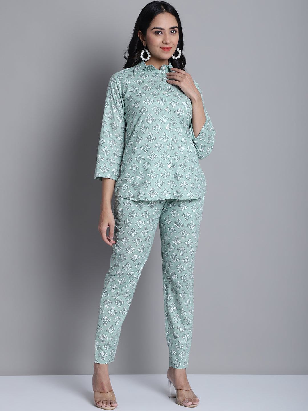 Jainish Women's WoLime Green Printed Shirt and Trouser Co-ords Set - Swadesiicart