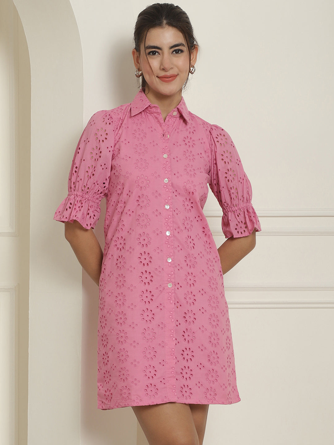 Indian Needle Women's Embroidered Cotton Dress - Pink | Swadesiicart