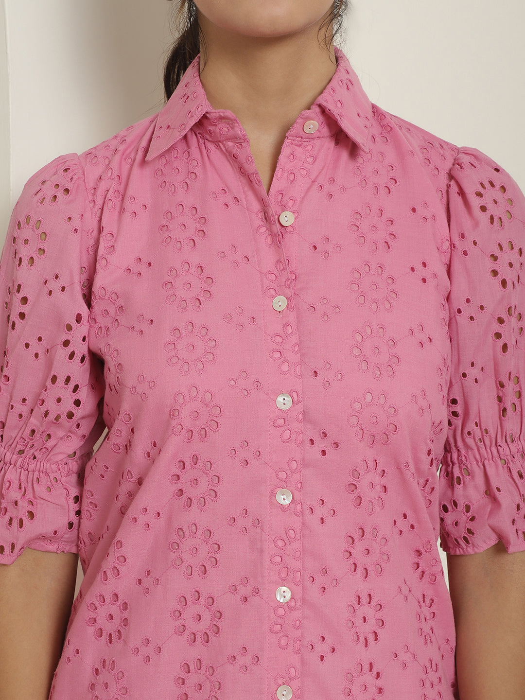 Indian Needle Women's Embroidered Cotton Dress - Pink | Swadesiicart