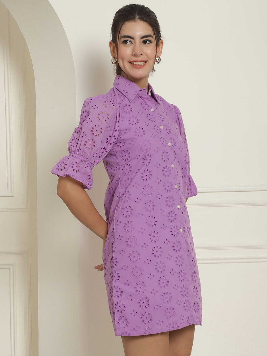 Indian Needle Women's Embroidered Cotton Dress - Purple | Swadesiicart