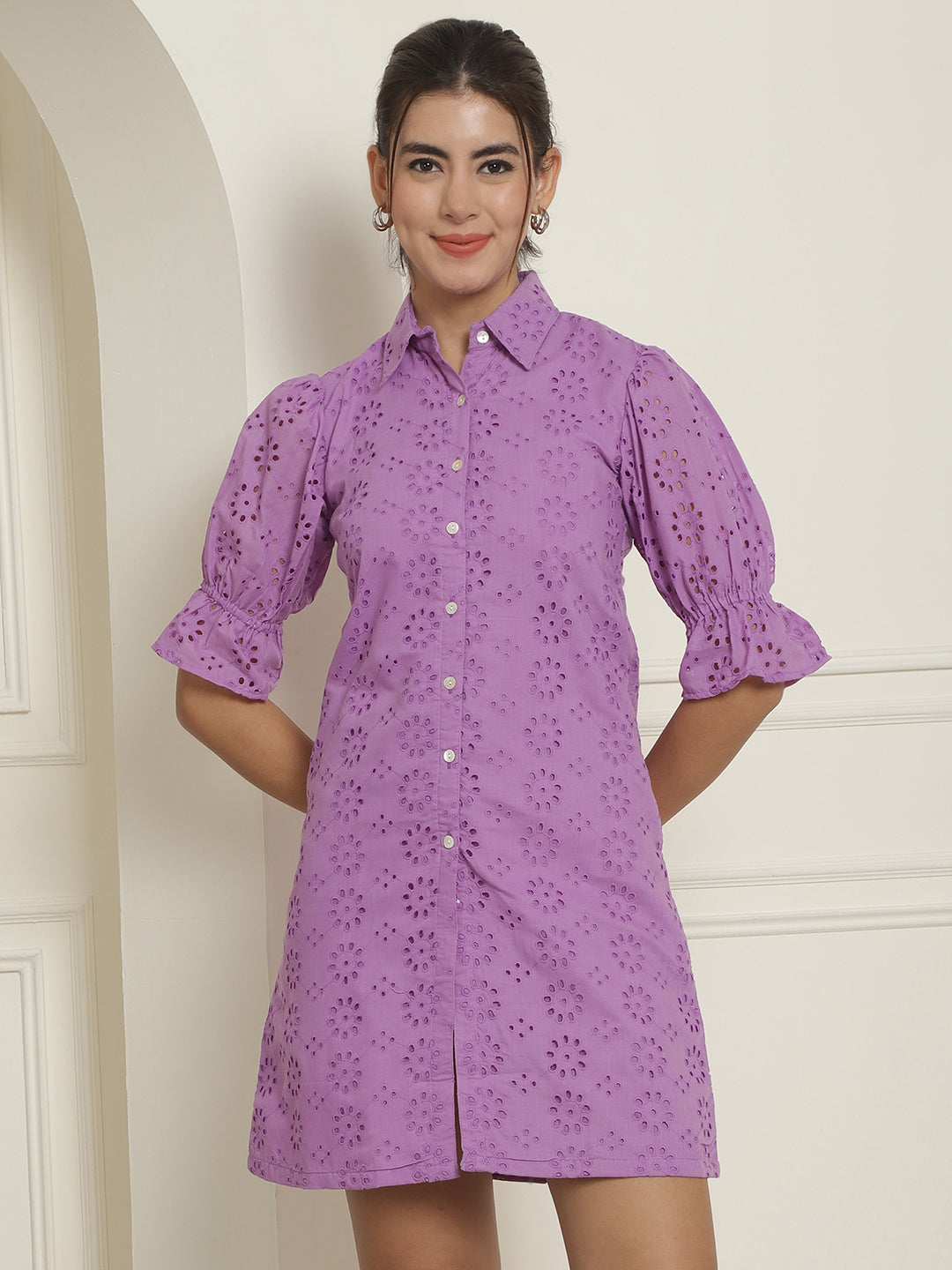 Indian Needle Women's Embroidered Cotton Dress - Purple | Swadesiicart