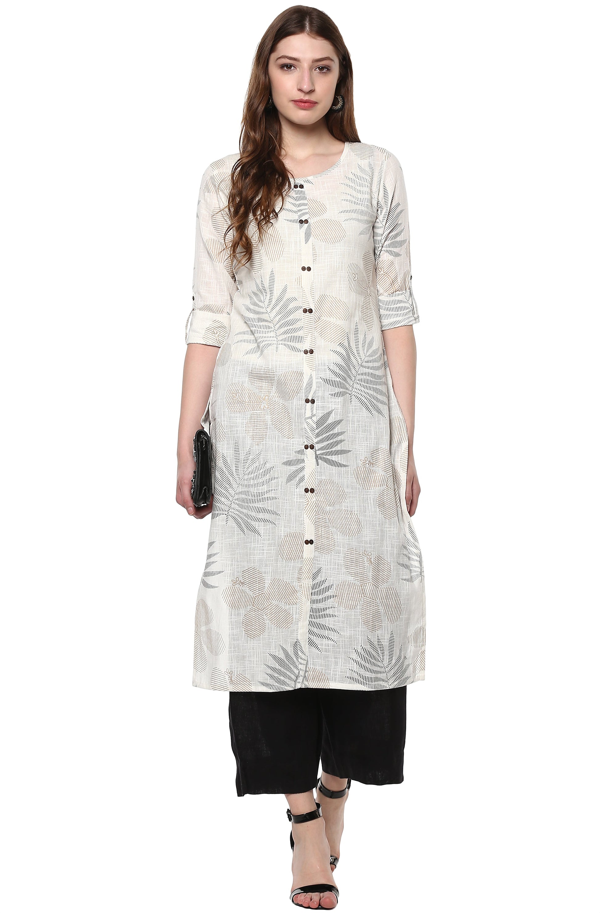 Janasya Off White Cotton Foil Print Straight kurta - Swadesiicart