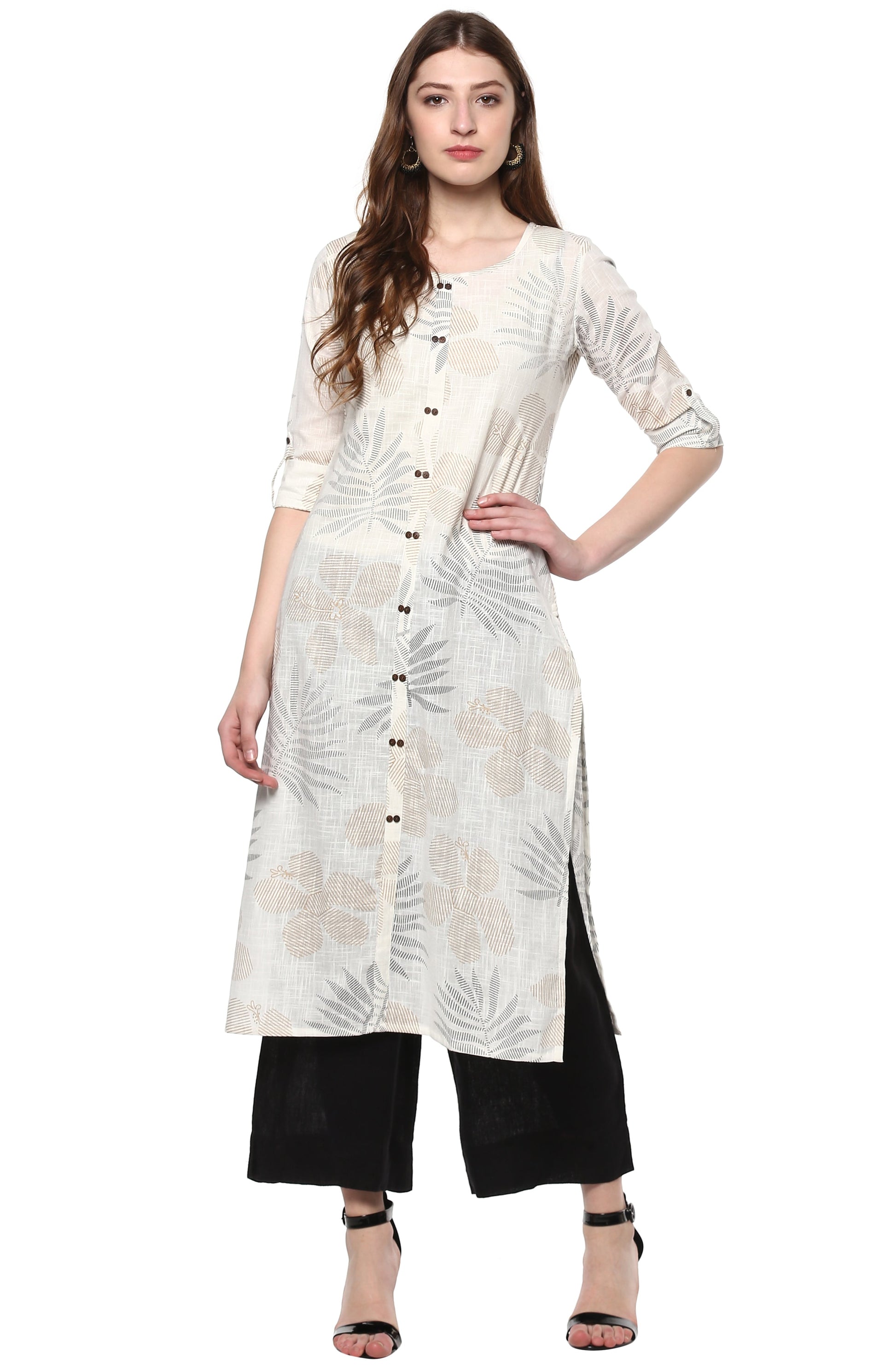 Janasya Off White Cotton Foil Print Straight kurta - Swadesiicart