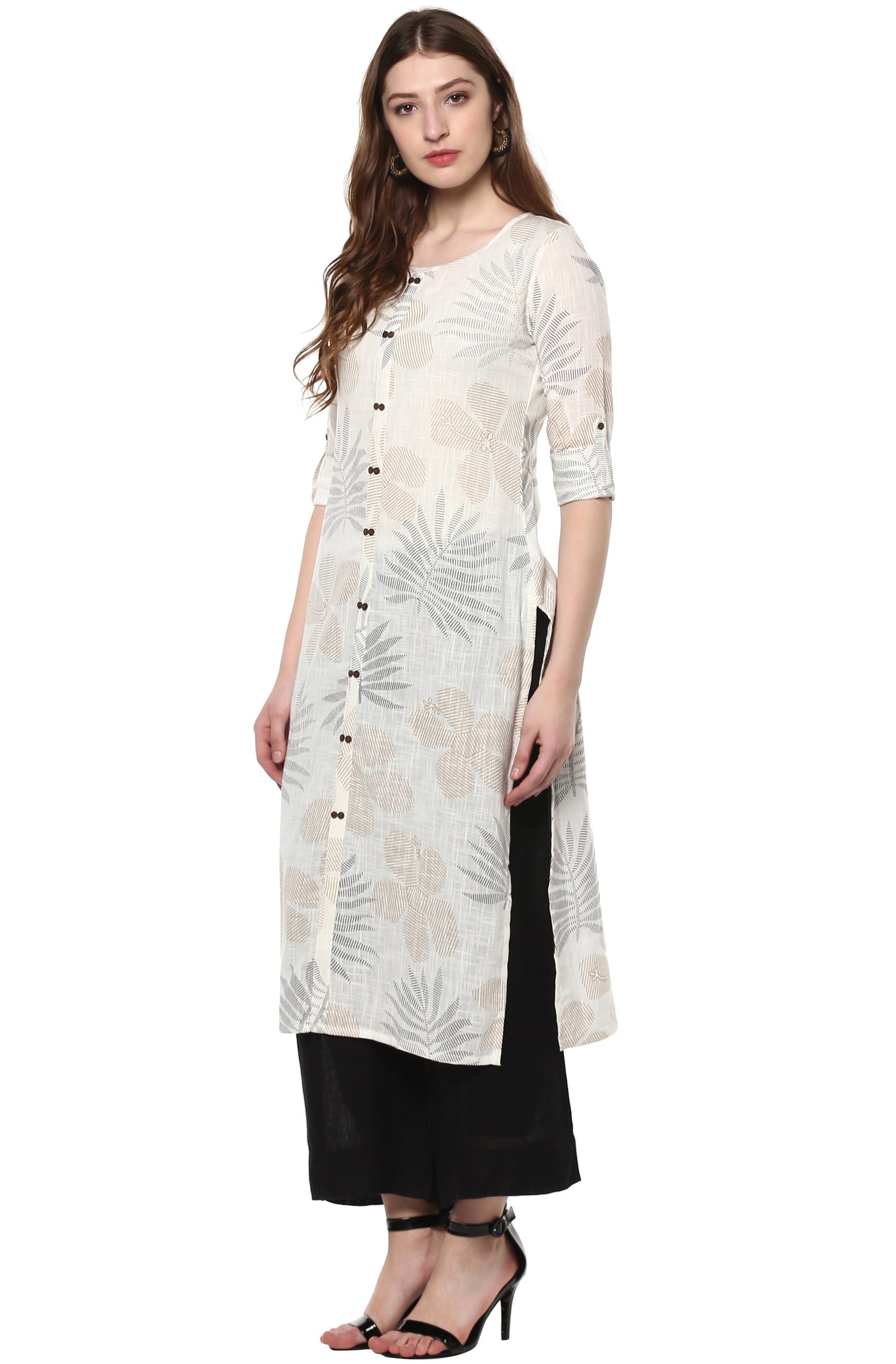 Janasya Off White Cotton Foil Print Straight kurta - Swadesiicart