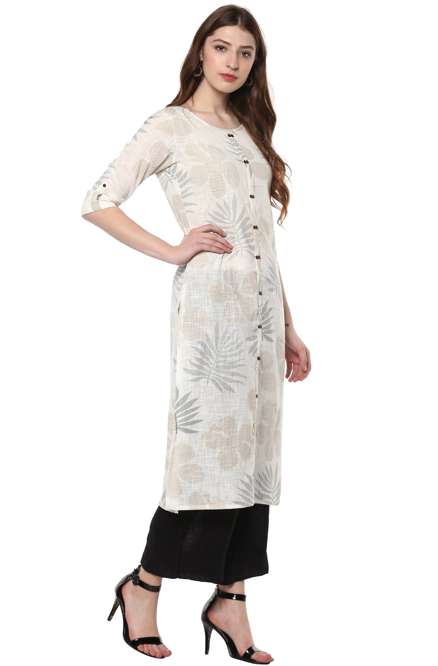 Janasya Off White Cotton Foil Print Straight kurta - Swadesiicart