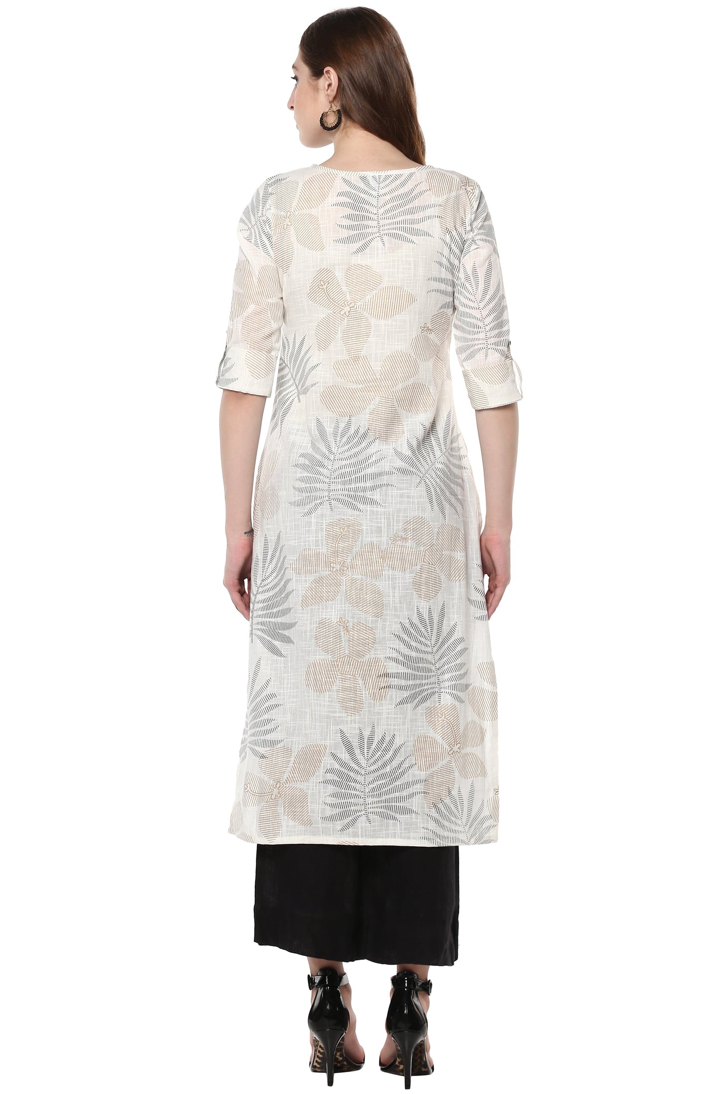 Janasya Off White Cotton Foil Print Straight kurta - Swadesiicart
