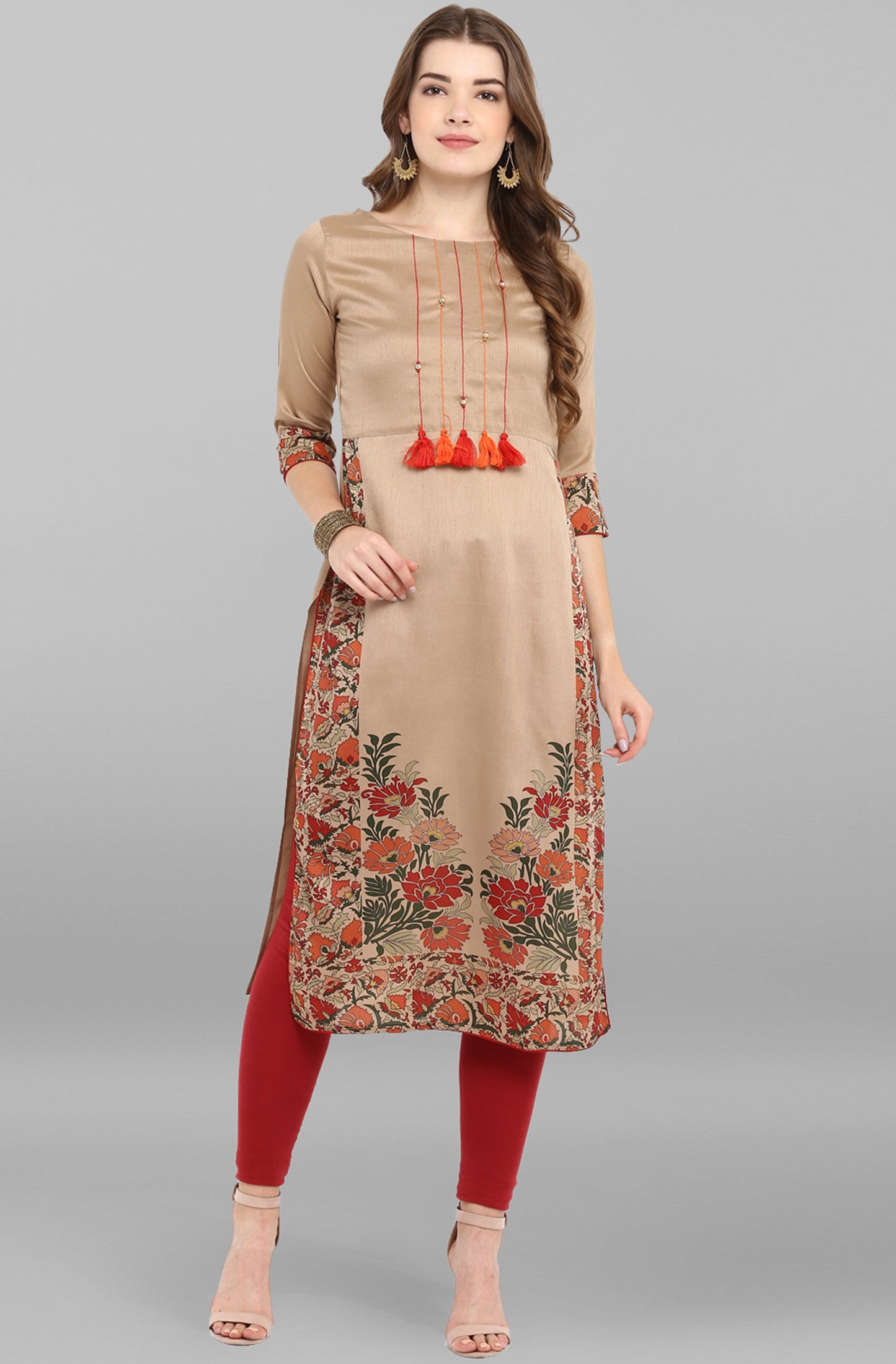 Janasya Women's Light Brown Poly Silk Floral Printed Casual Straight kurta - Swadesiicart