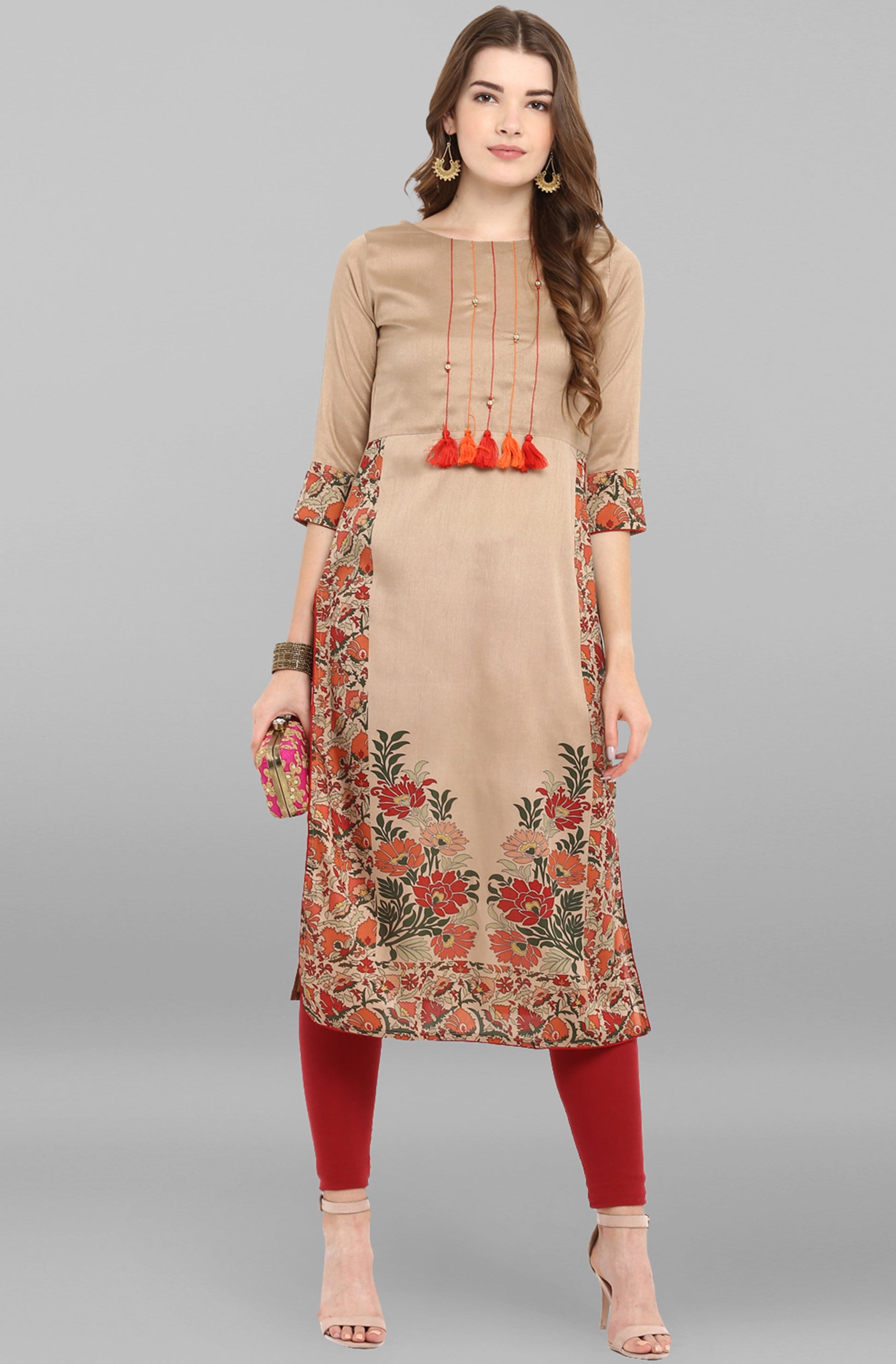 Janasya Women's Light Brown Poly Silk Floral Printed Casual Straight kurta - Swadesiicart
