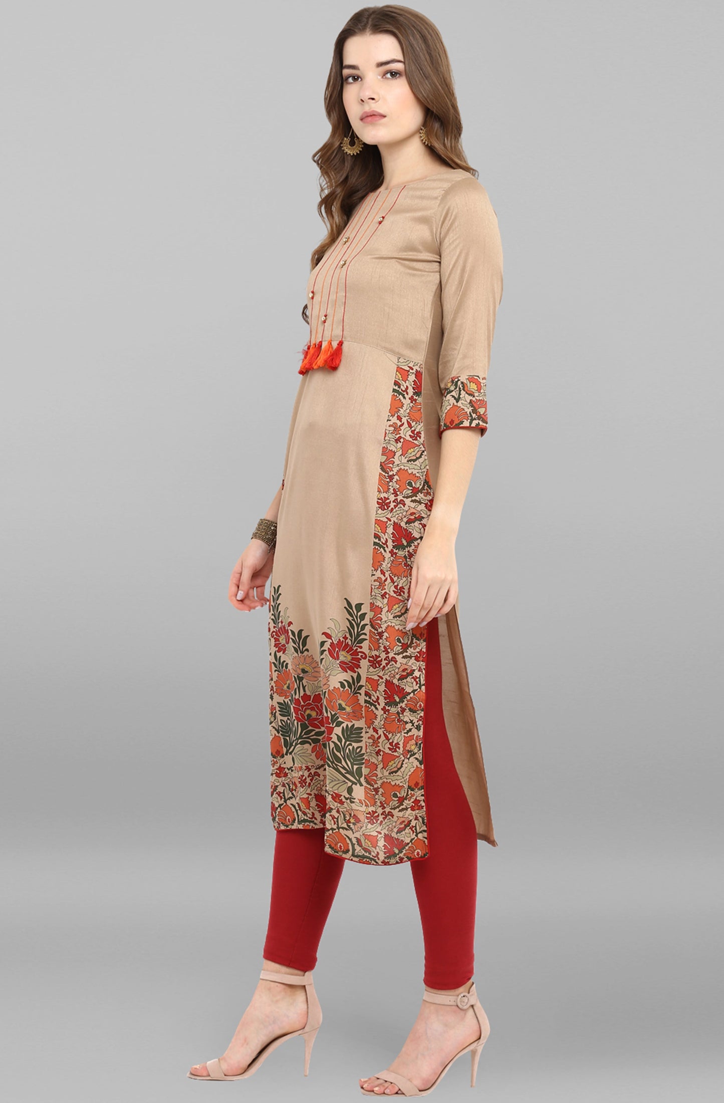 Janasya Women's Light Brown Poly Silk Floral Printed Casual Straight kurta - Swadesiicart