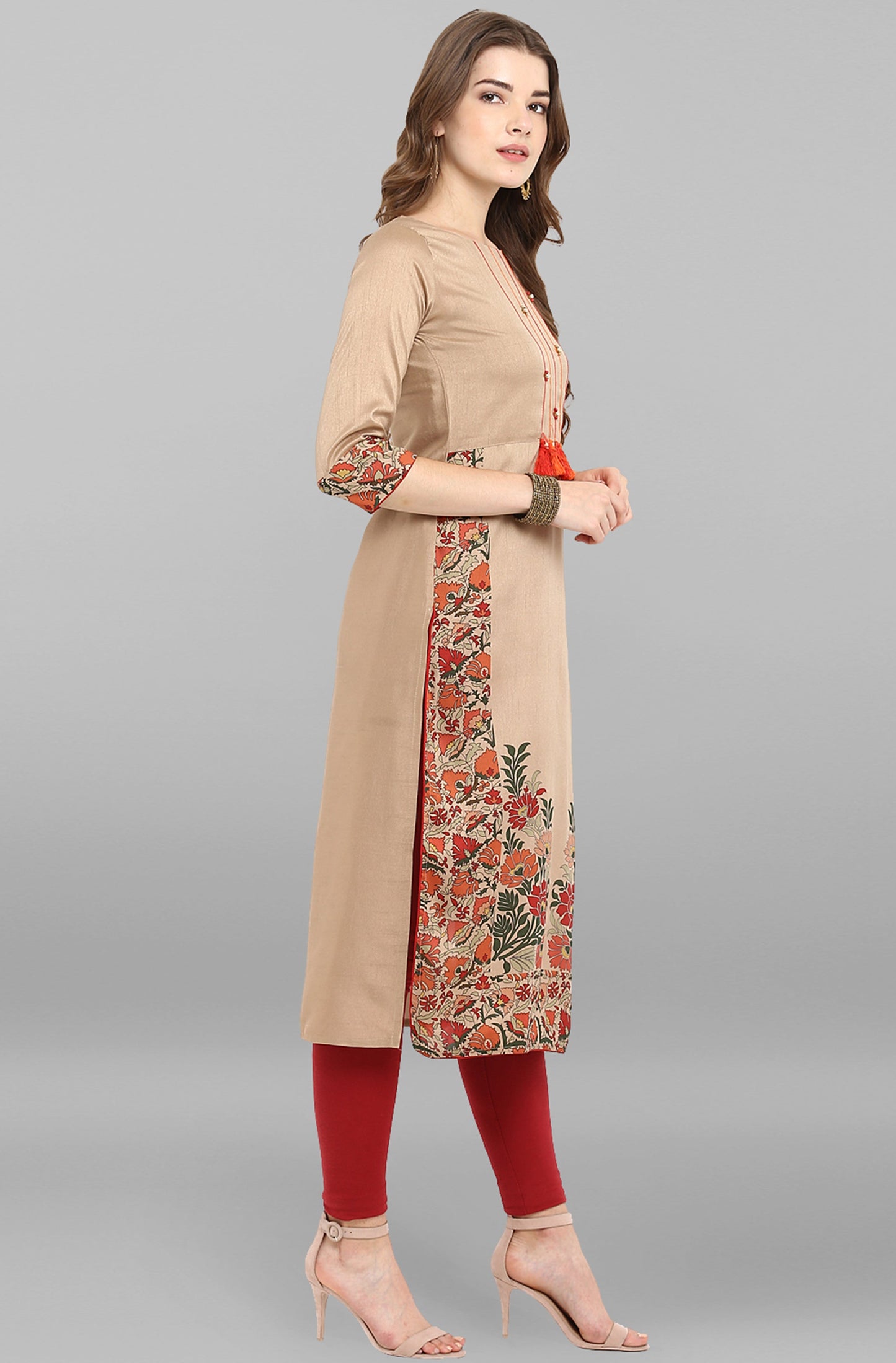 Janasya Women's Light Brown Poly Silk Floral Printed Casual Straight kurta - Swadesiicart
