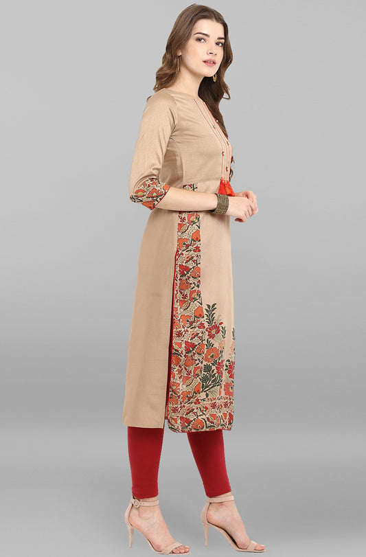 Janasya Women's Light Brown Poly Silk Floral Printed Casual Straight kurta - Swadesiicart