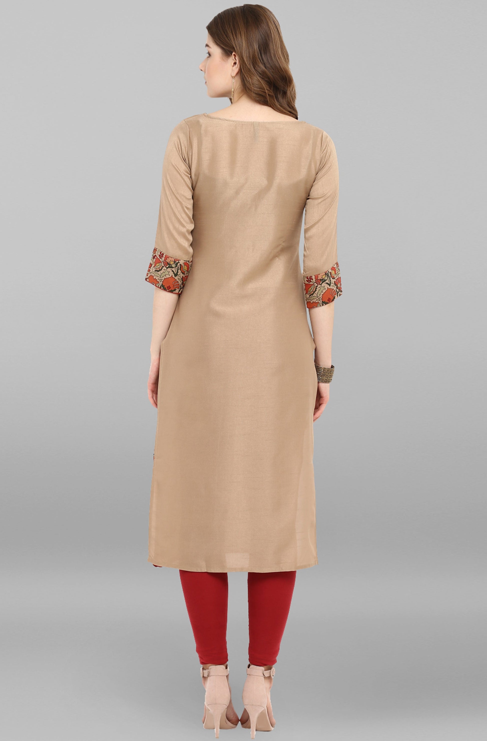 Janasya Women's Light Brown Poly Silk Floral Printed Casual Straight kurta - Swadesiicart