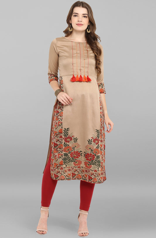 Janasya Women's Light Brown Poly Silk Floral Printed Casual Straight kurta - Swadesiicart