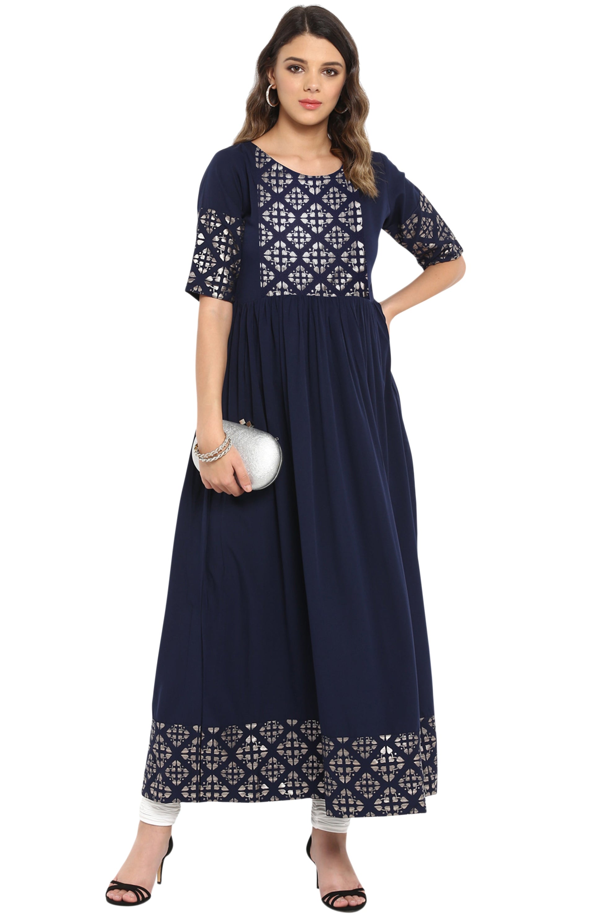 Janasya Dark Blue Poly Crepe Foil Print Flared kurta - Swadesiicart