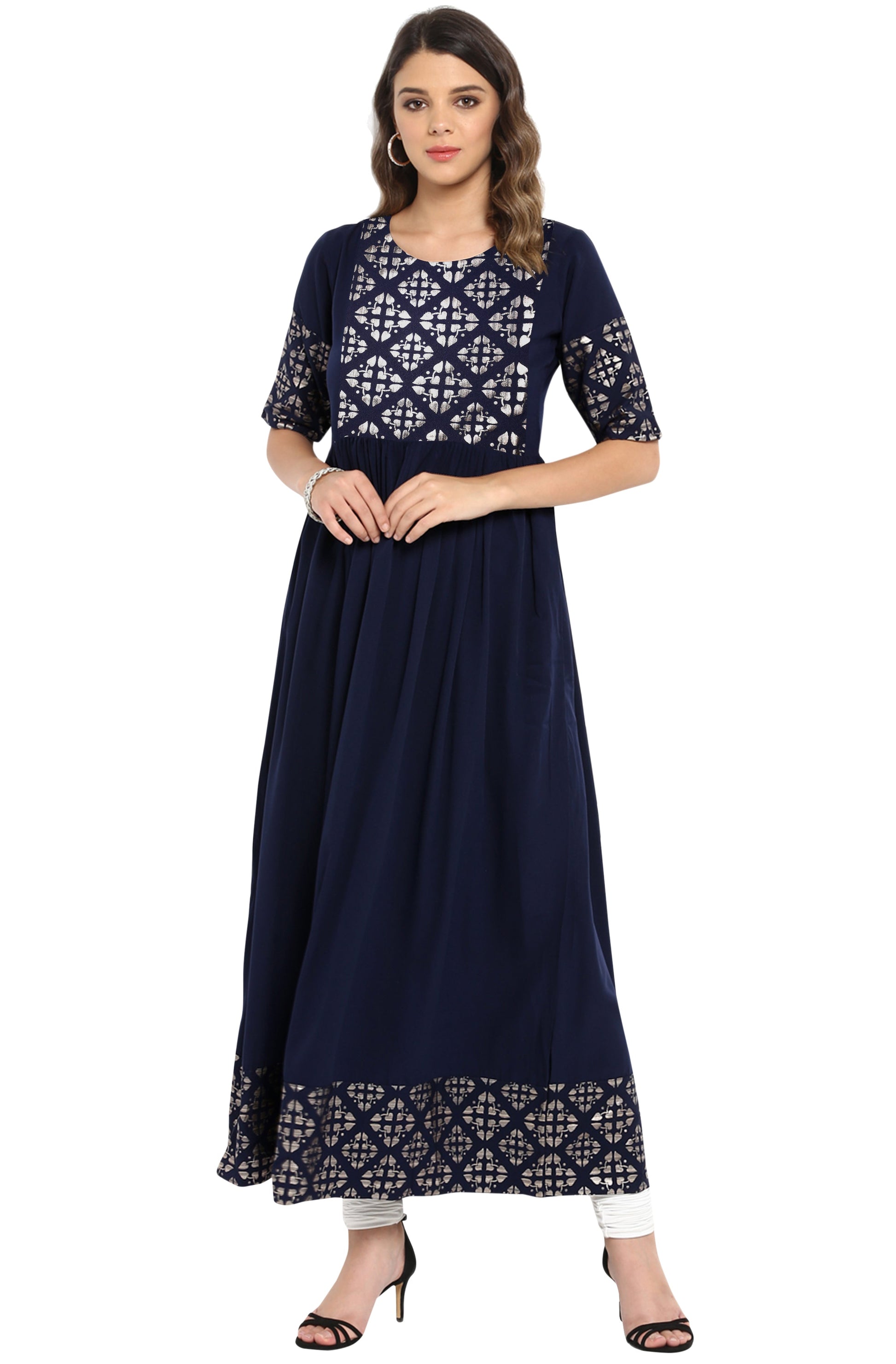 Janasya Dark Blue Poly Crepe Foil Print Flared kurta - Swadesiicart