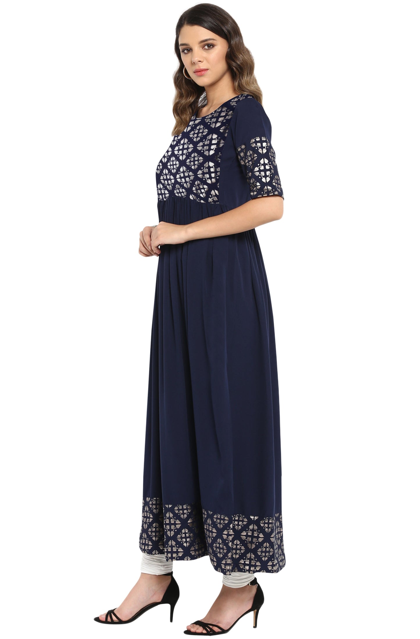 Janasya Dark Blue Poly Crepe Foil Print Flared kurta - Swadesiicart