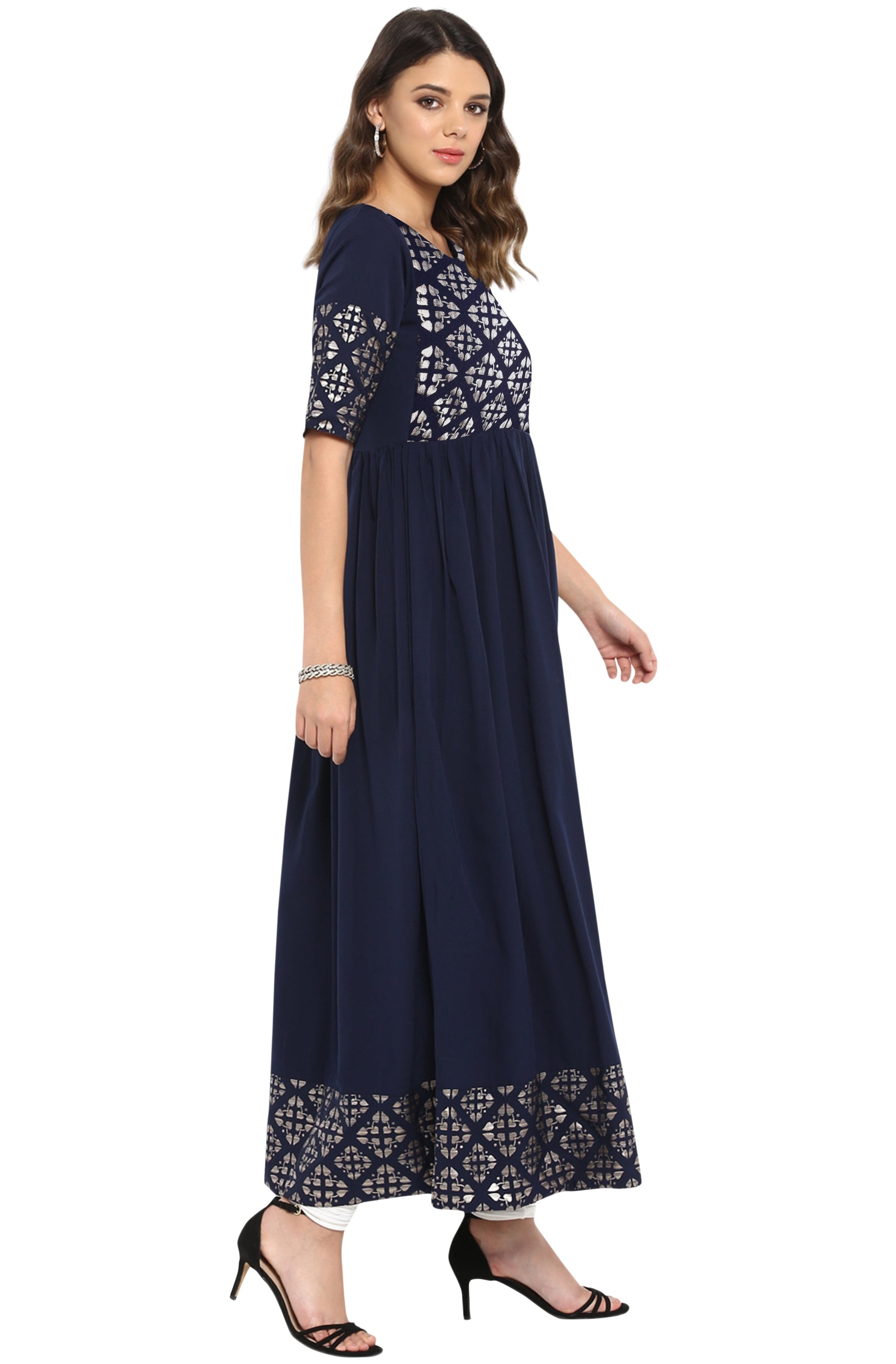 Janasya Dark Blue Poly Crepe Foil Print Flared kurta - Swadesiicart
