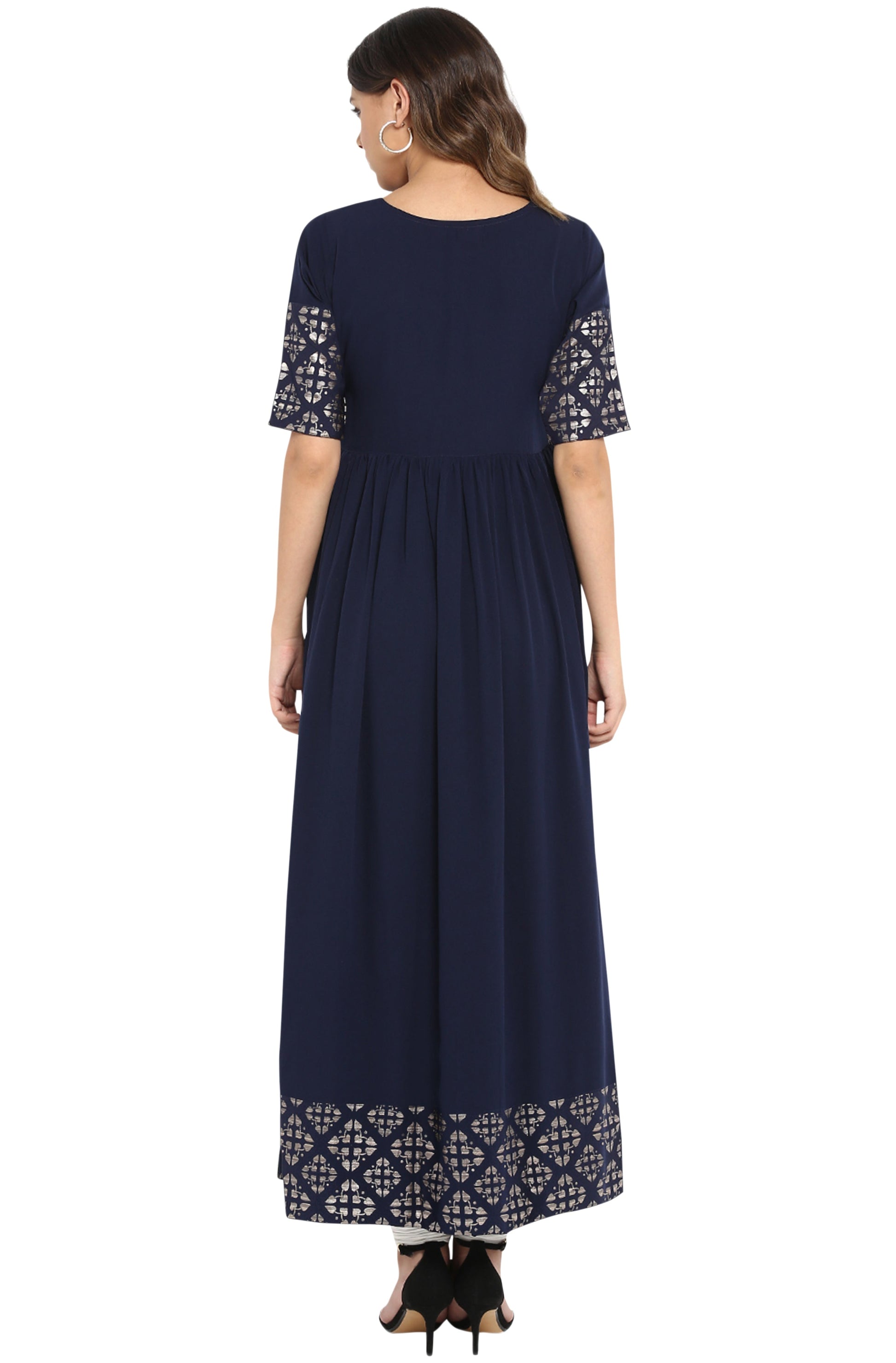 Janasya Dark Blue Poly Crepe Foil Print Flared kurta - Swadesiicart