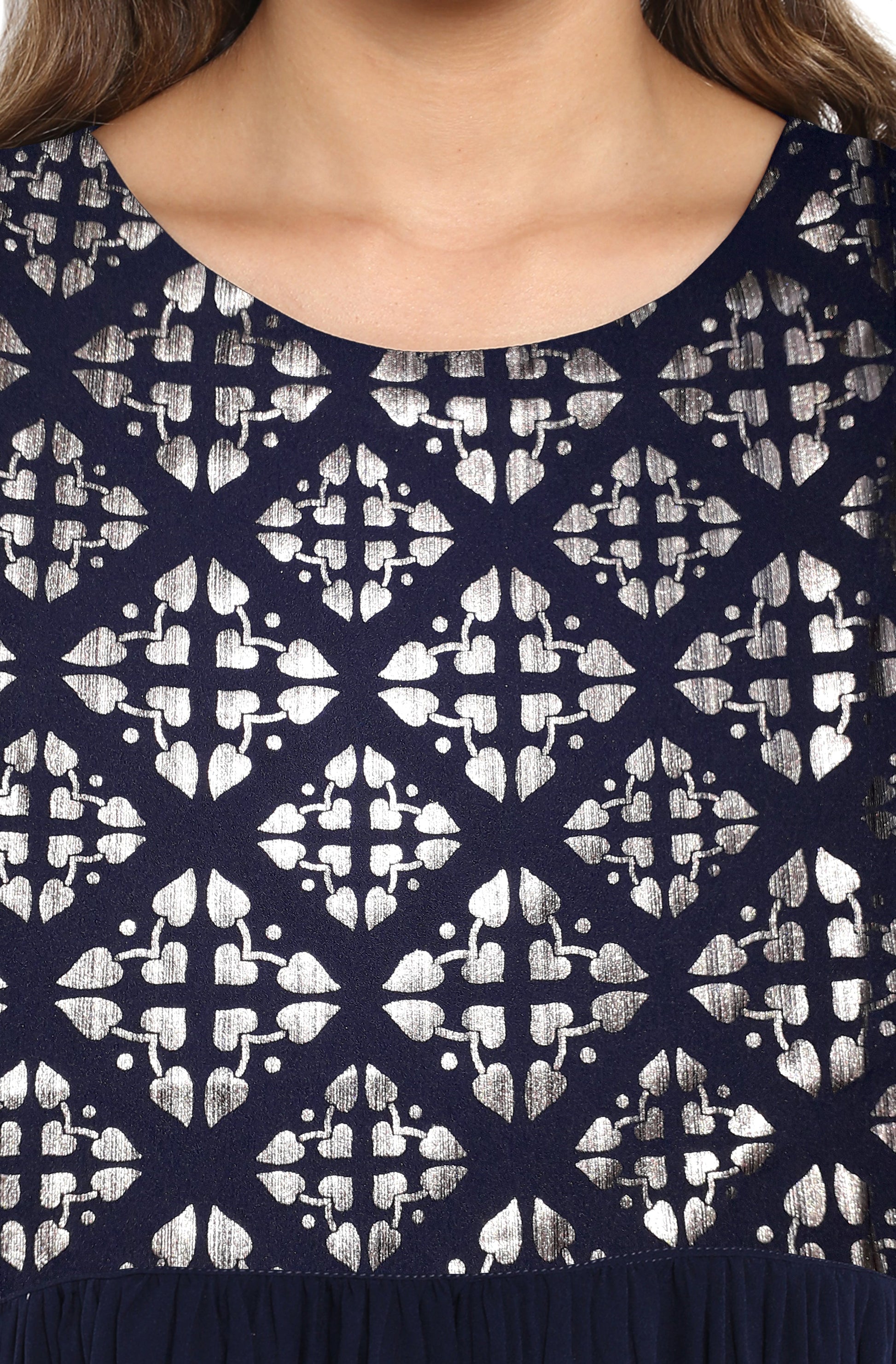 Janasya Dark Blue Poly Crepe Foil Print Flared kurta - Swadesiicart