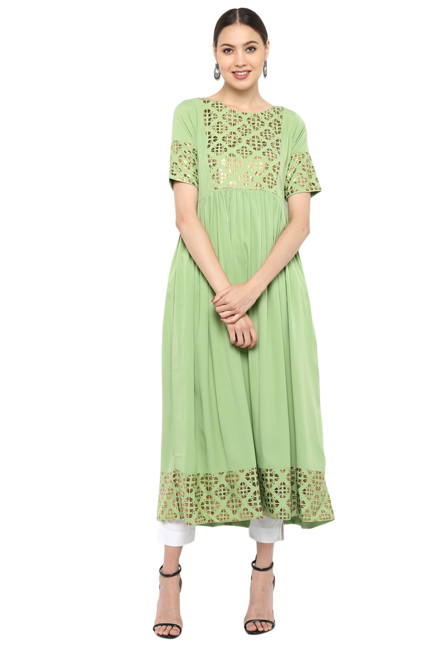Janasya Light Green Poly Crepe Gold Print Flared kurta - Swadesiicart