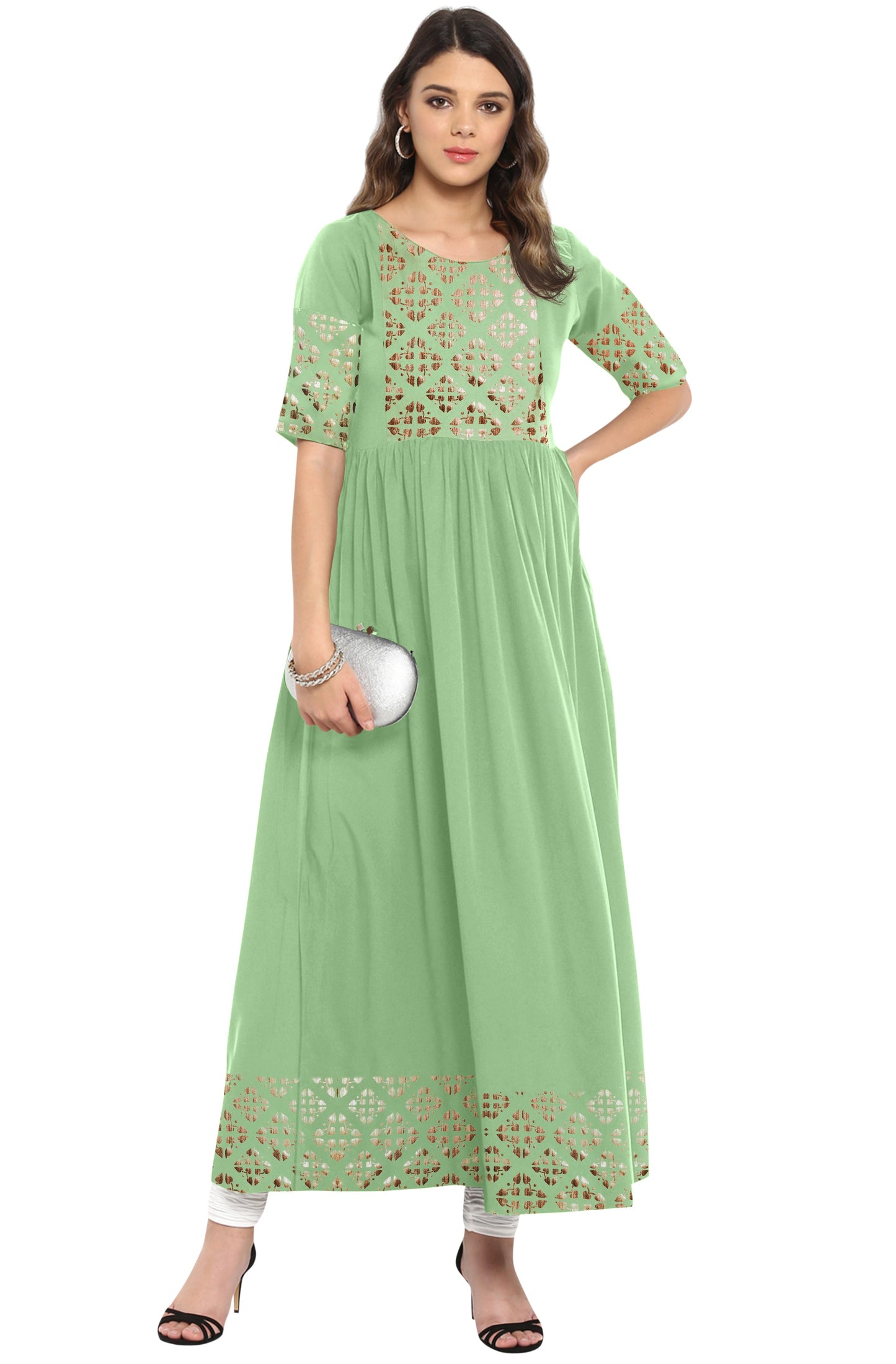 Janasya Light Green Poly Crepe Gold Print Flared kurta - Swadesiicart