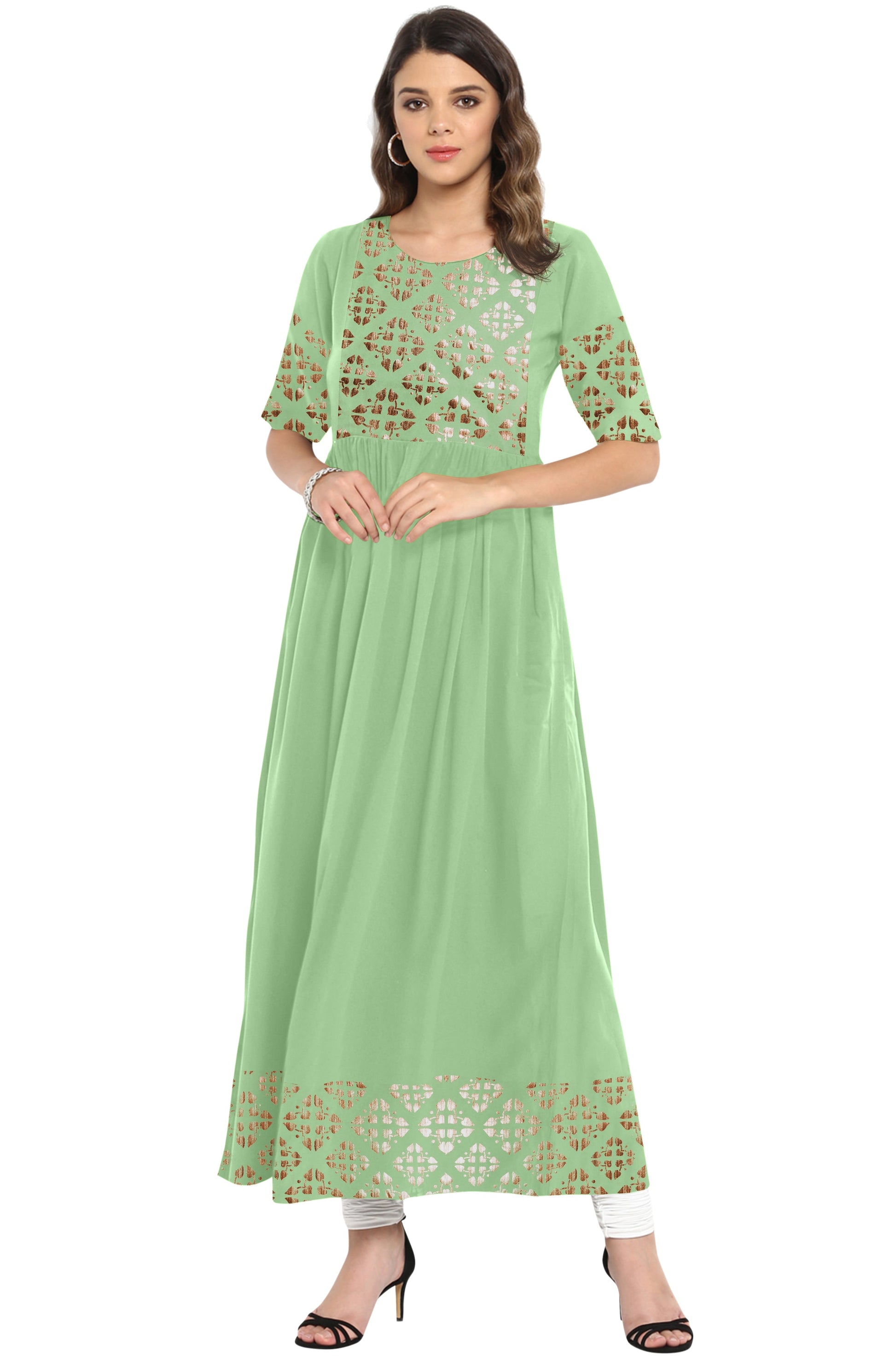 Janasya Light Green Poly Crepe Gold Print Flared kurta - Swadesiicart