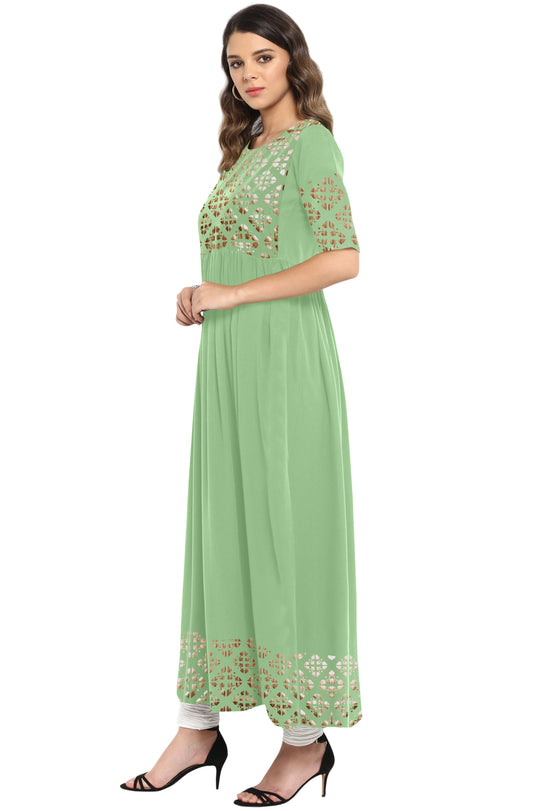 Janasya Light Green Poly Crepe Gold Print Flared kurta - Swadesiicart
