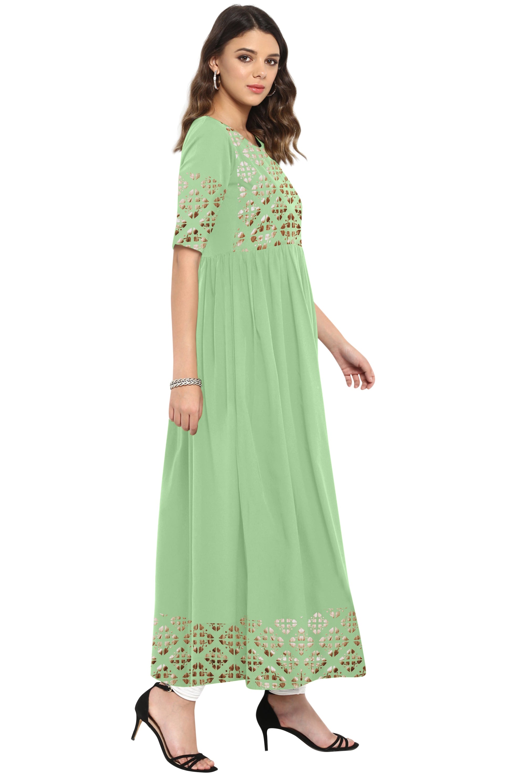 Janasya Light Green Poly Crepe Gold Print Flared kurta - Swadesiicart