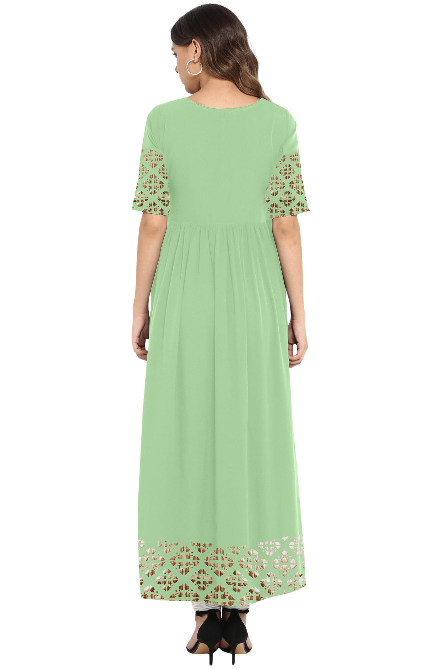 Janasya Light Green Poly Crepe Gold Print Flared kurta - Swadesiicart