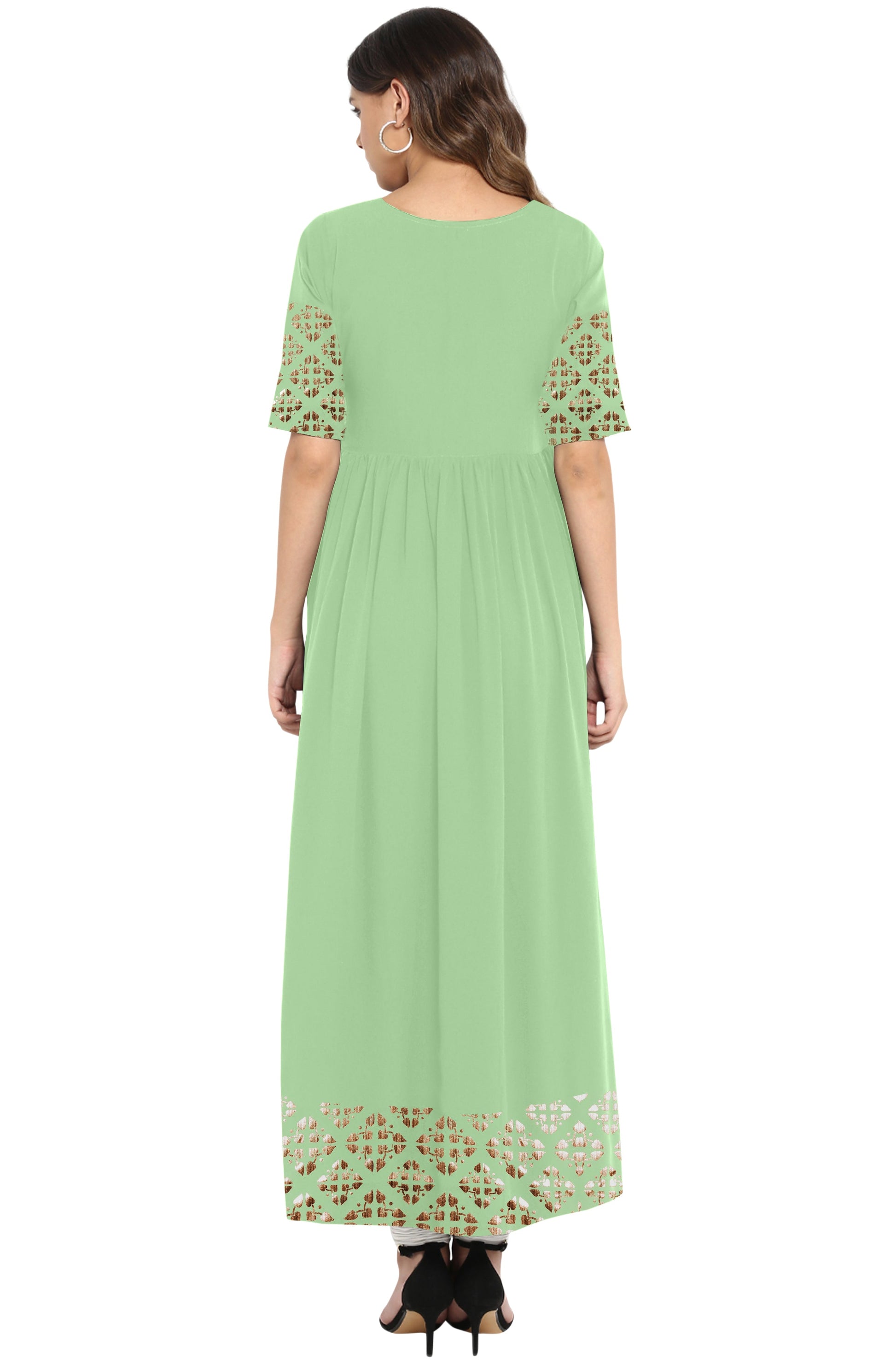 Janasya Light Green Poly Crepe Gold Print Flared kurta - Swadesiicart