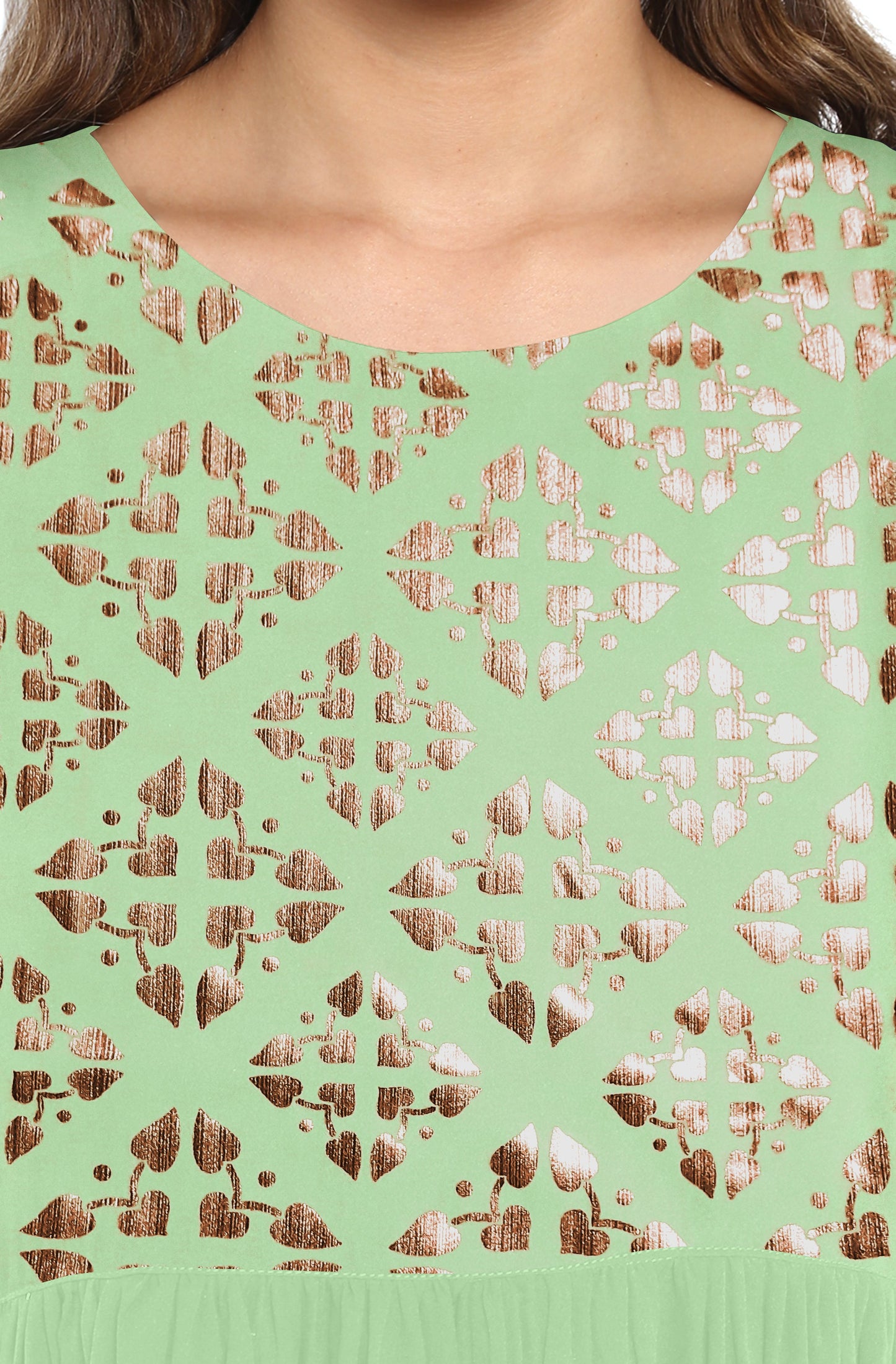 Janasya Light Green Poly Crepe Gold Print Flared kurta - Swadesiicart