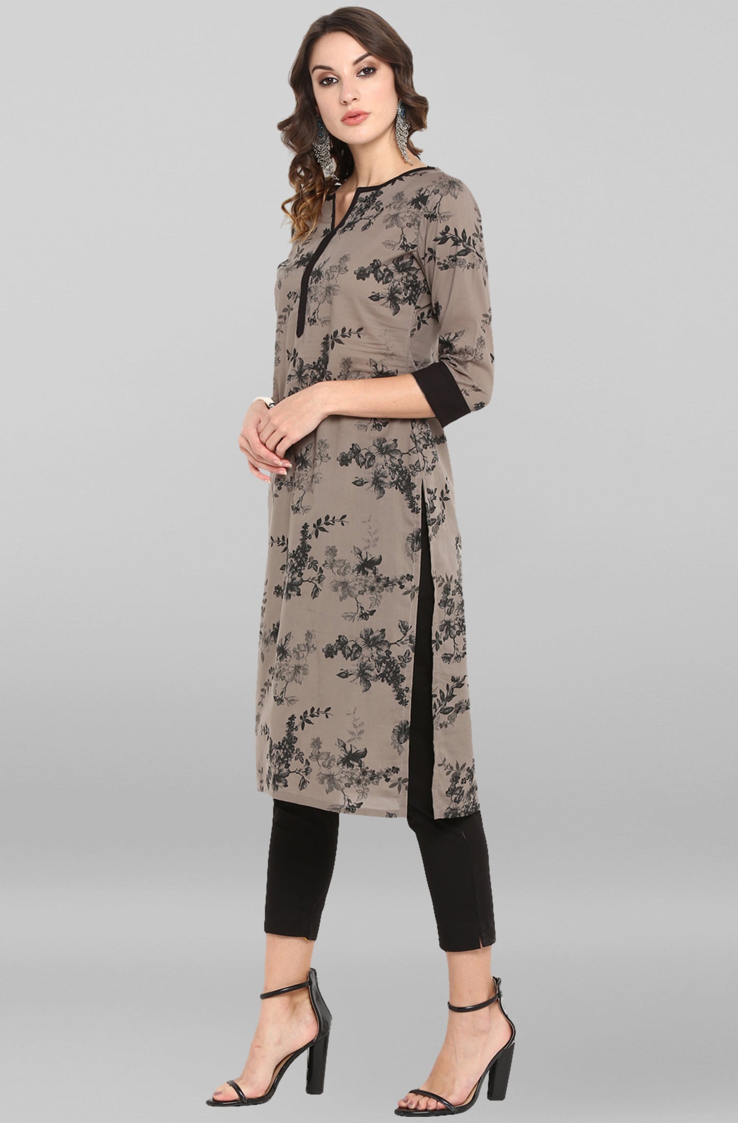 Janasya Women's Grey Cotton Floral Printed Casual Straight kurta | Swadesiicart