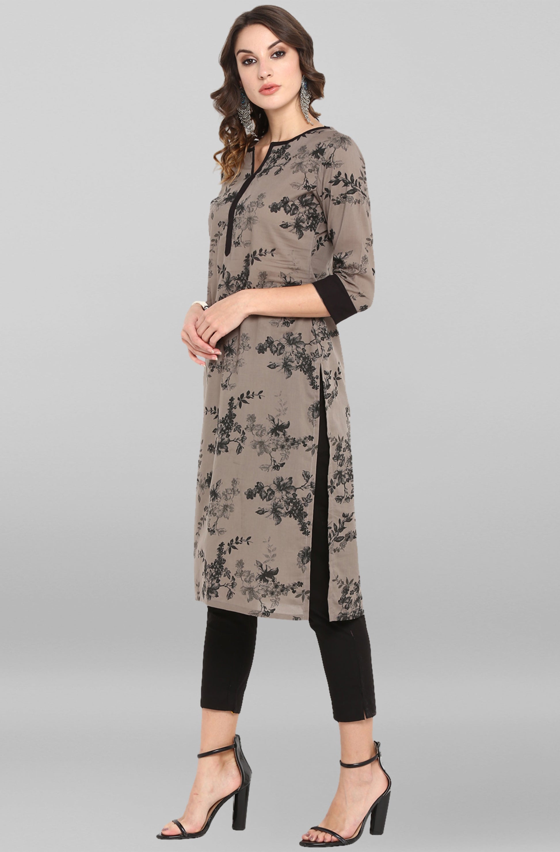 Janasya Women's Grey Cotton Floral Printed Casual Straight kurta | Swadesiicart