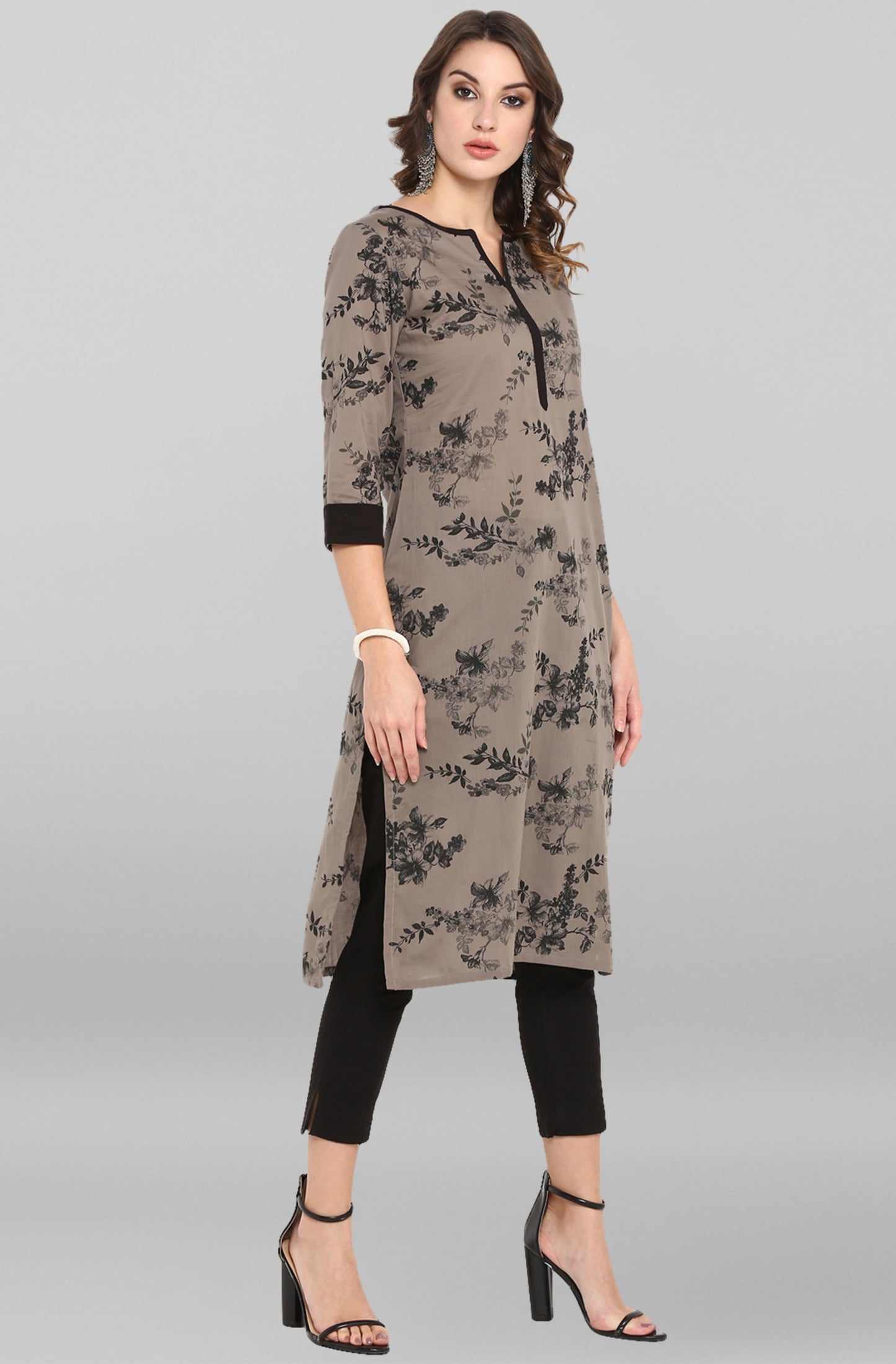 Janasya Women's Grey Cotton Floral Printed Casual Straight kurta | Swadesiicart