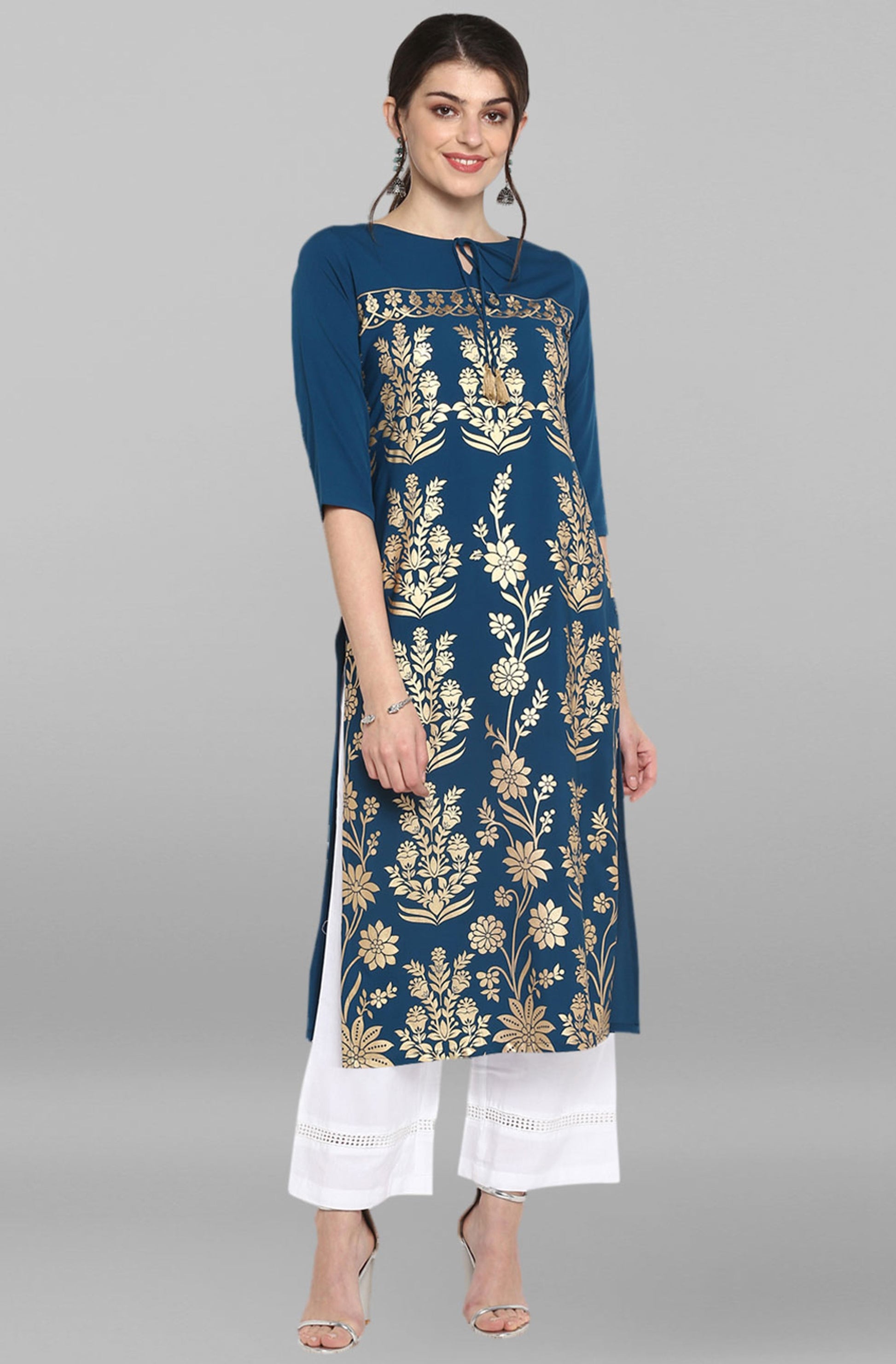 Janasya Women's Turquoise Blue Poly Crepe Gold Printed Festive & Party Straight kurta | Swadesiicart