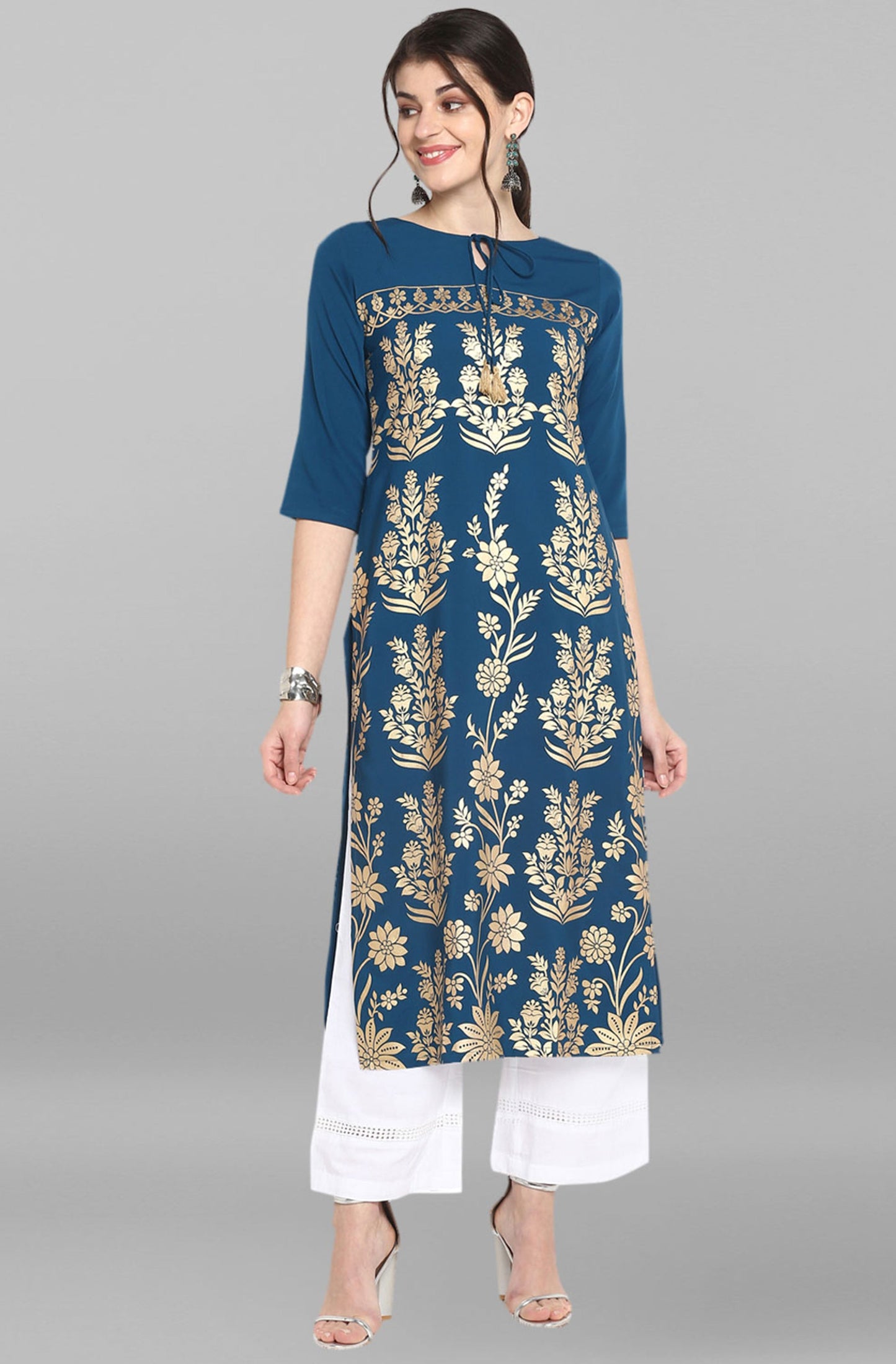 Janasya Women's Turquoise Blue Poly Crepe Gold Printed Festive & Party Straight kurta | Swadesiicart