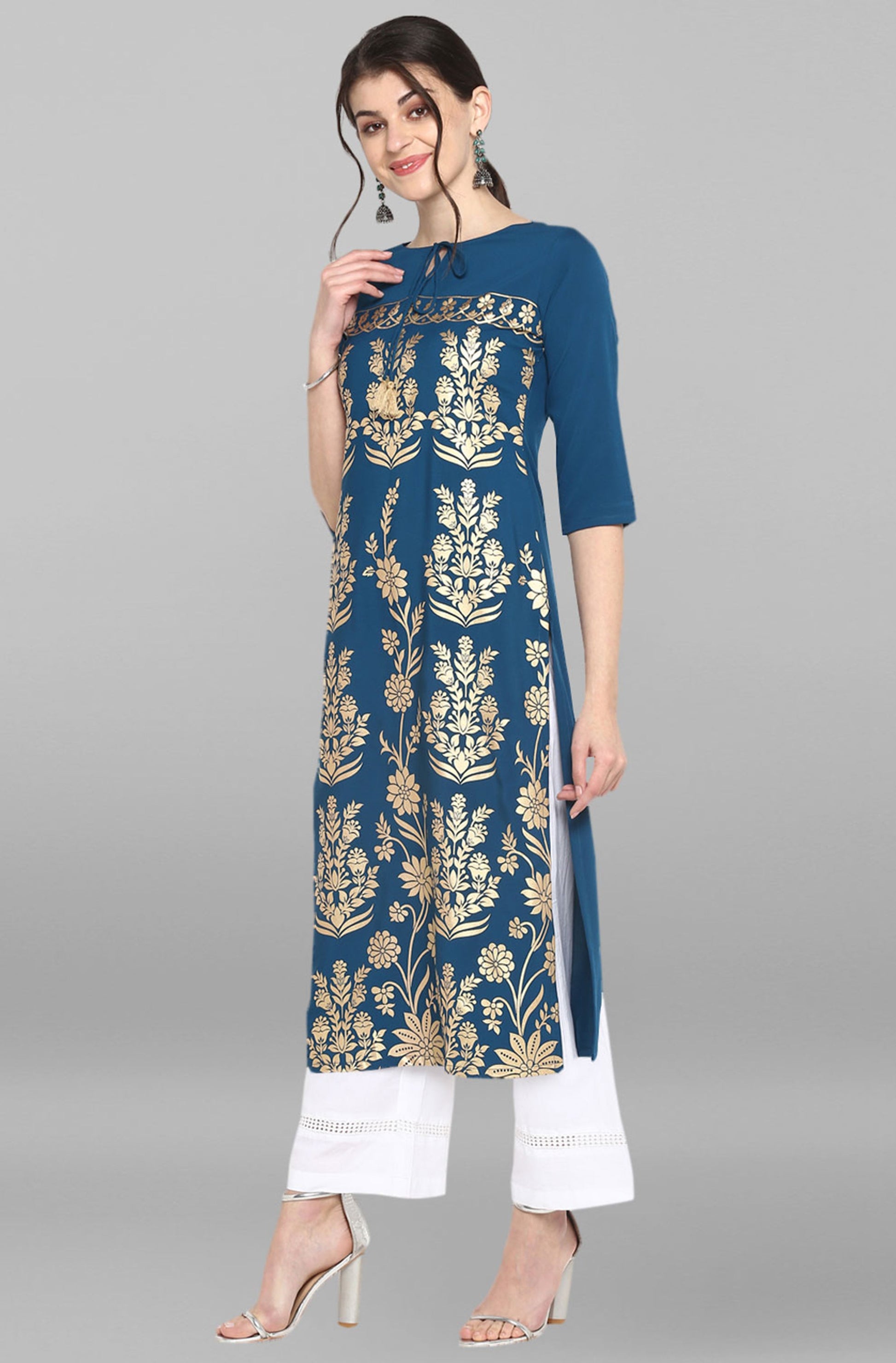 Janasya Women's Turquoise Blue Poly Crepe Gold Printed Festive & Party Straight kurta | Swadesiicart