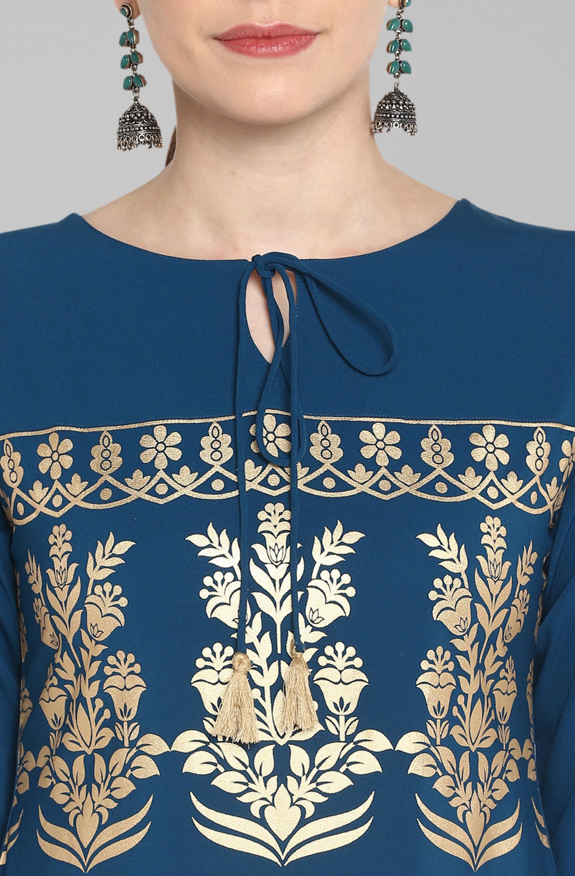 Janasya Women's Turquoise Blue Poly Crepe Gold Printed Festive & Party Straight kurta | Swadesiicart
