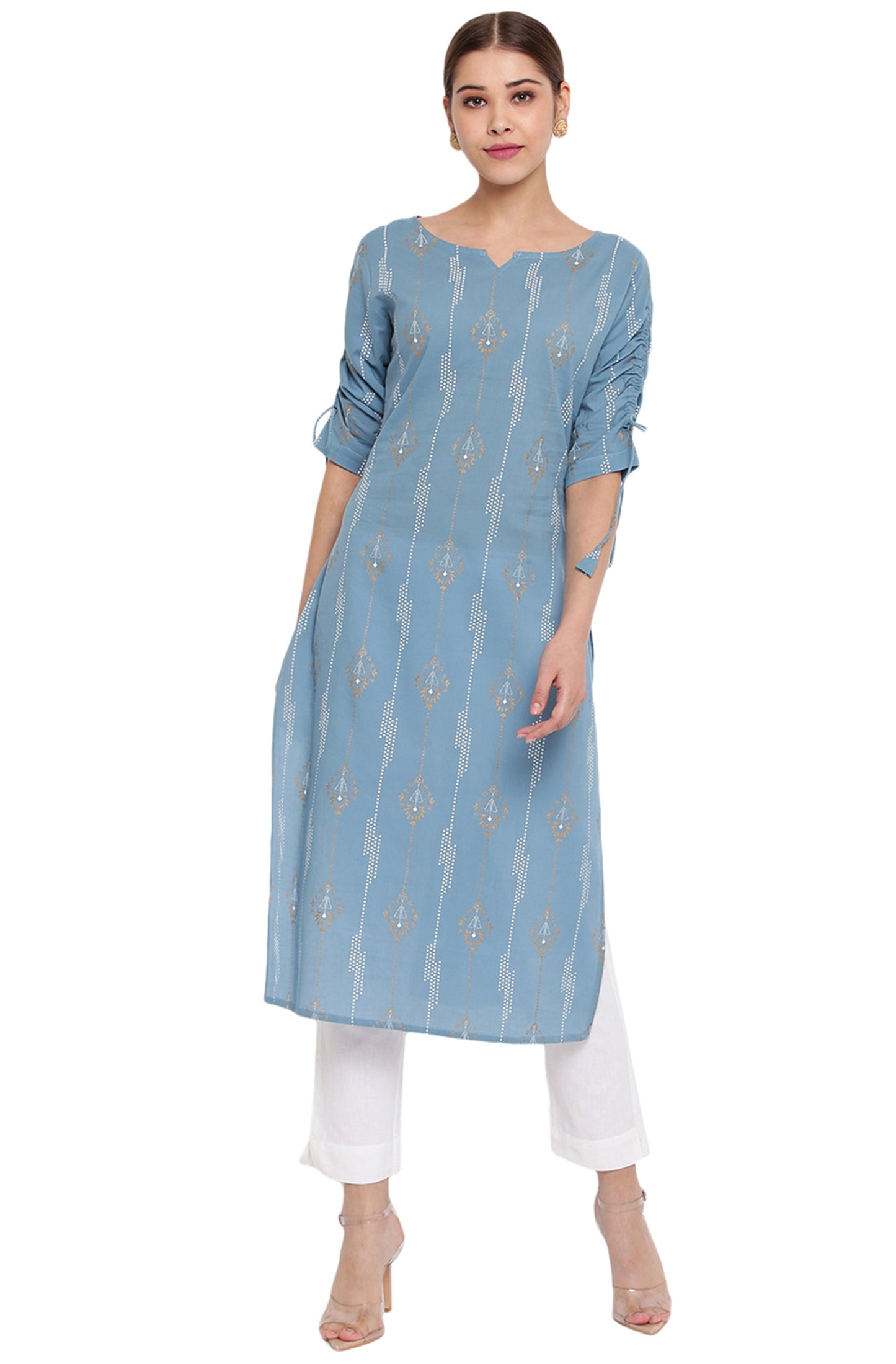 Janasya Turquoise Blue Cotton Ethnic Motifs Straight kurta | Swadesiicart