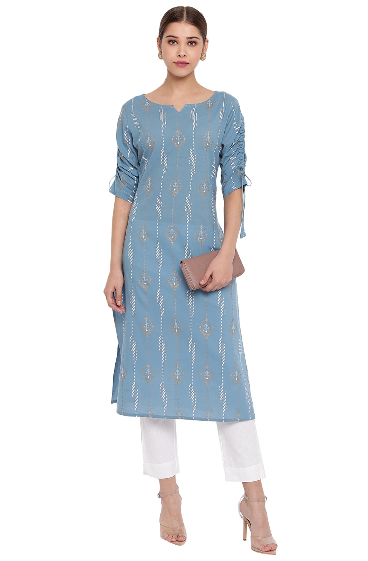 Janasya Turquoise Blue Cotton Ethnic Motifs Straight kurta | Swadesiicart