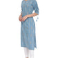 Janasya Turquoise Blue Cotton Ethnic Motifs Straight kurta | Swadesiicart