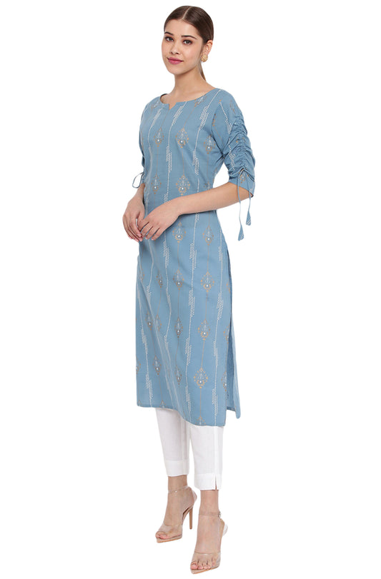 Janasya Turquoise Blue Cotton Ethnic Motifs Straight kurta | Swadesiicart