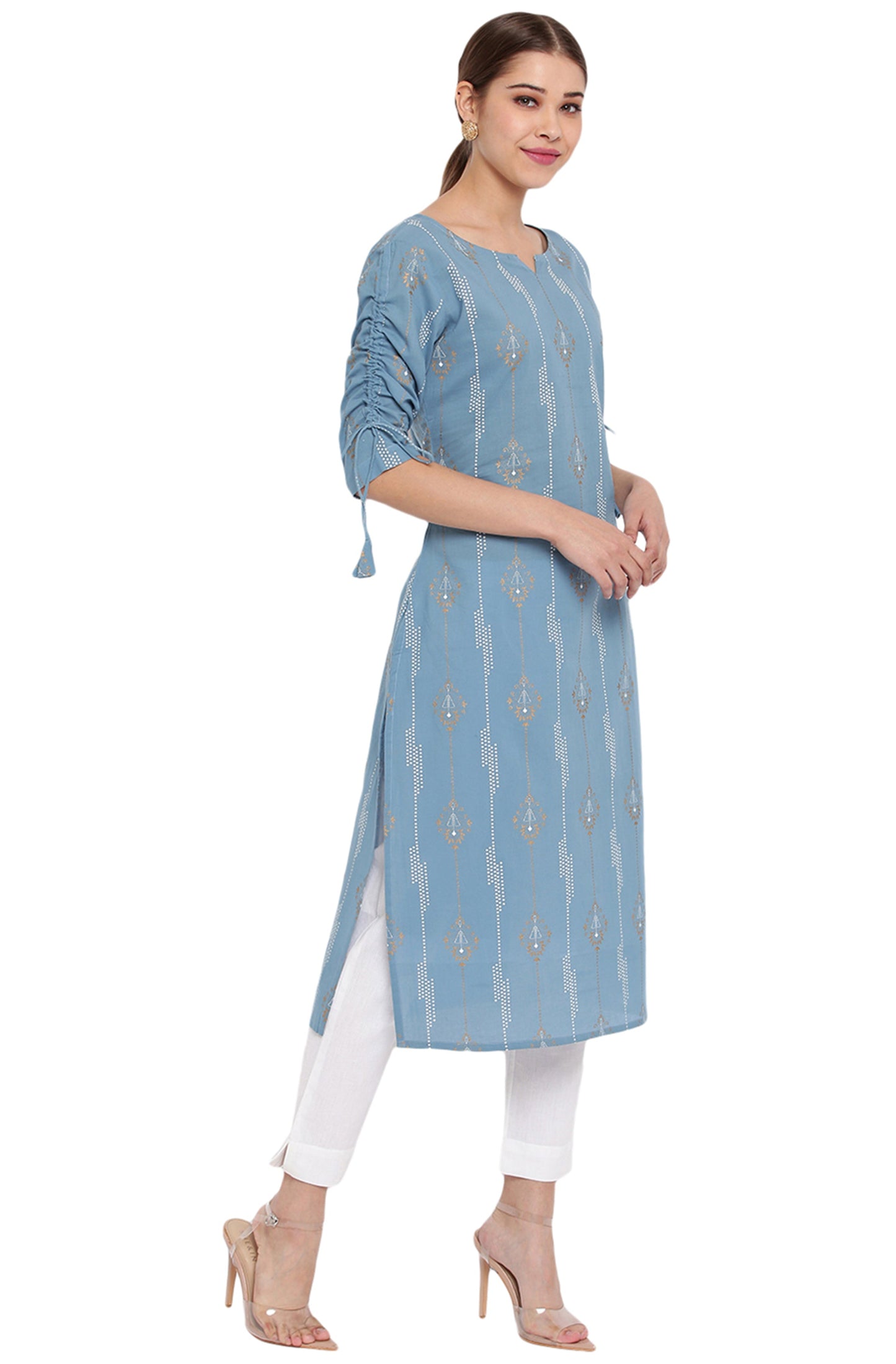 Janasya Turquoise Blue Cotton Ethnic Motifs Straight kurta | Swadesiicart